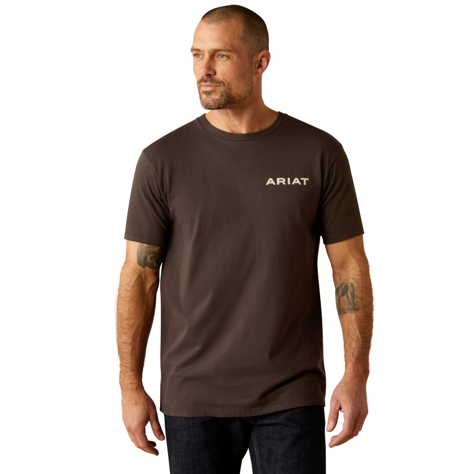 Ariat Men's Ambush Camo T-Shirt. A man wearing a brown Ariat men's T-shirt with a camo graphic on the back.