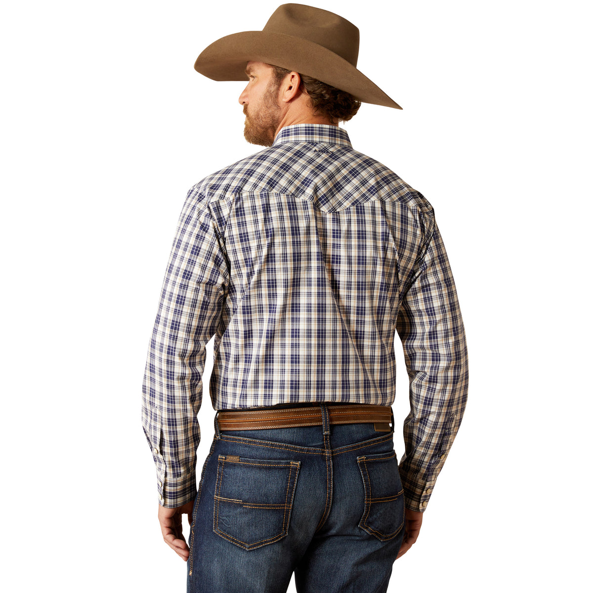 Ariat Men's Pro Series Caine L/S Snap Western Shirt. Man wearing a plaid shirt and cowboy hat from the back.
