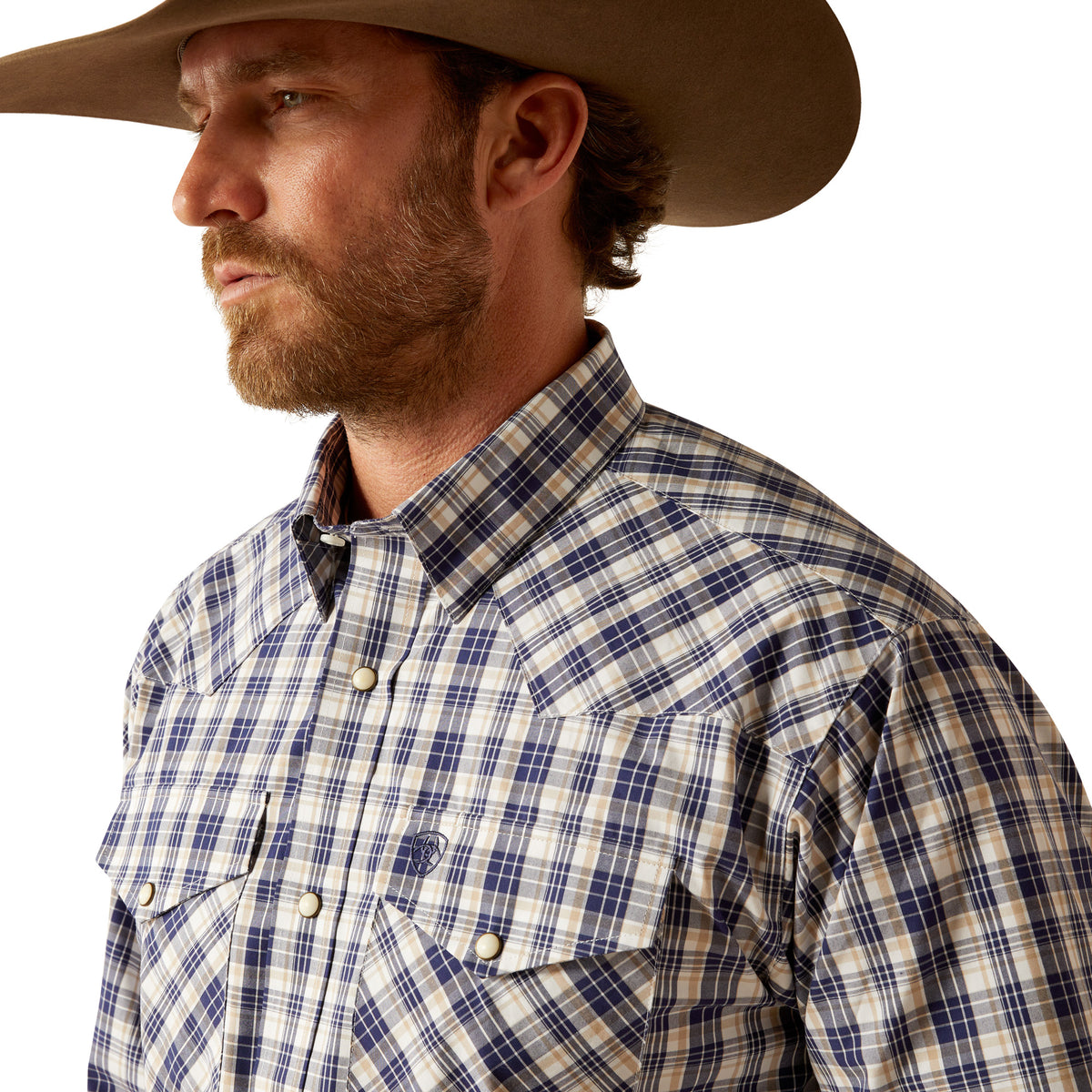 Ariat Men's Pro Series Caine L/S Snap Western Shirt. Man wearing a plaid shirt and cowboy hat on a white background