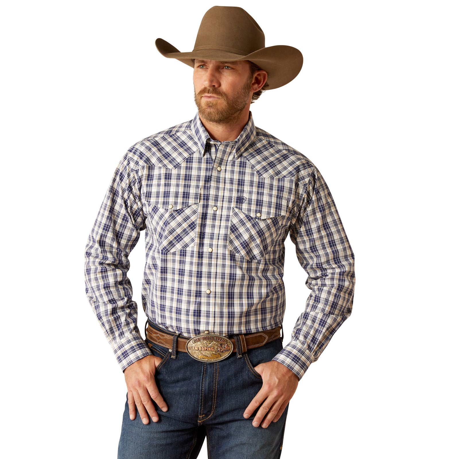 Ariat Men's Pro Series Caine L/S Snap Western Shirt. A man wearing a long-sleeved plaid Western shirt in blue and white, with a cowboy hat and blue jeans.