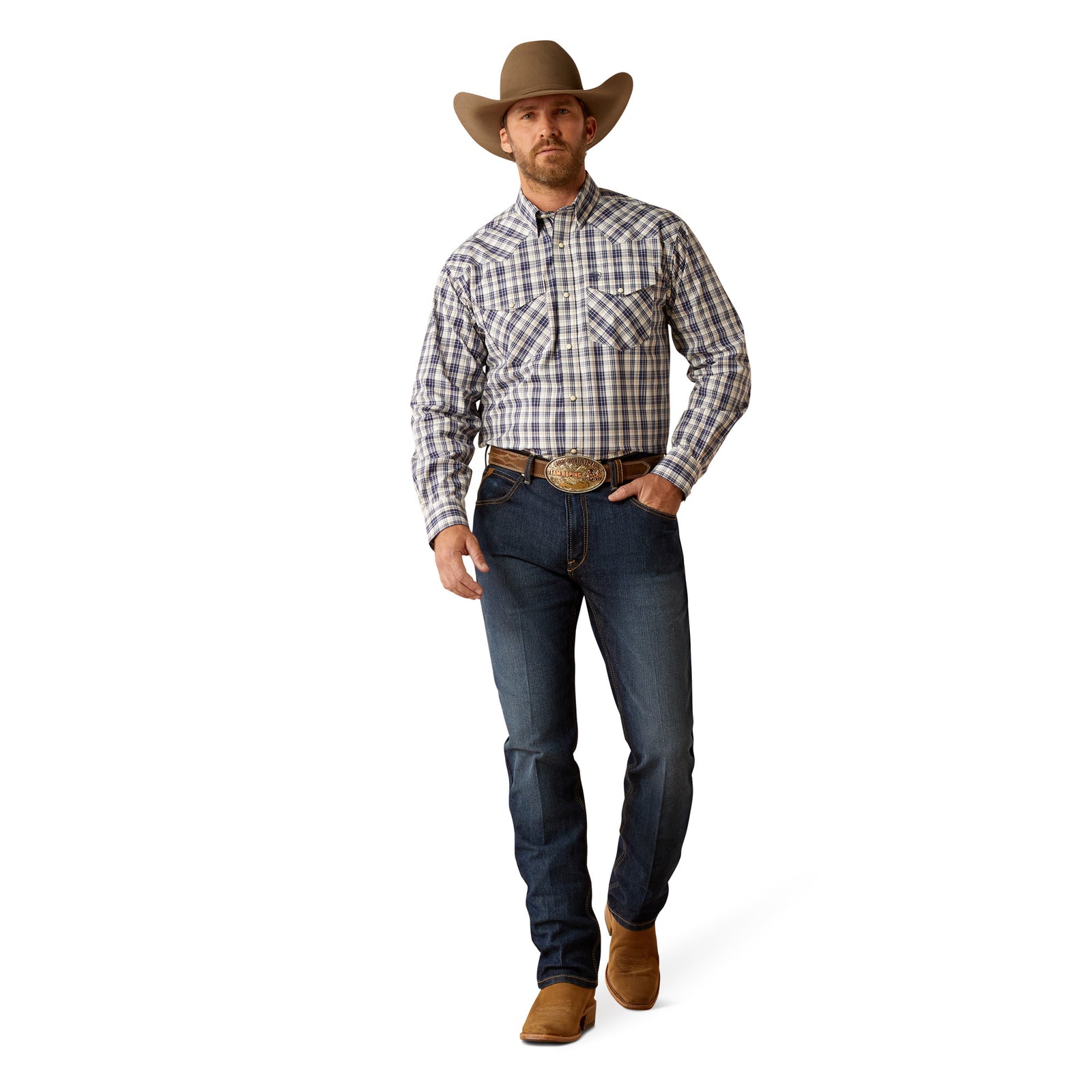 Ariat Men's Pro Series Caine L/S Snap Western Shirt. Man in plaid shirt and jeans with cowboy hat on white background