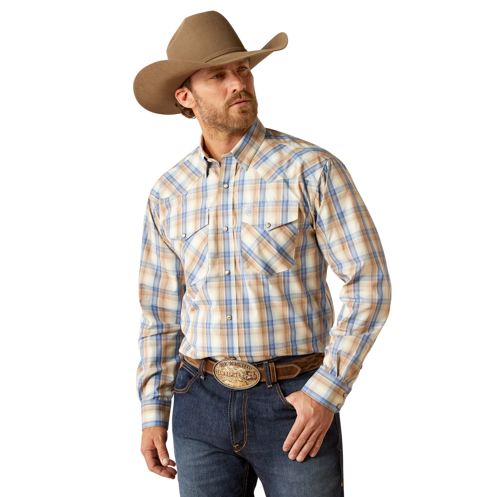 Ariat Men's Pro Series Clint L/S Snap Western Shirt. A man wearing a long-sleeved plaid Western shirt in beige and blue, with a cowboy hat and blue jeans.