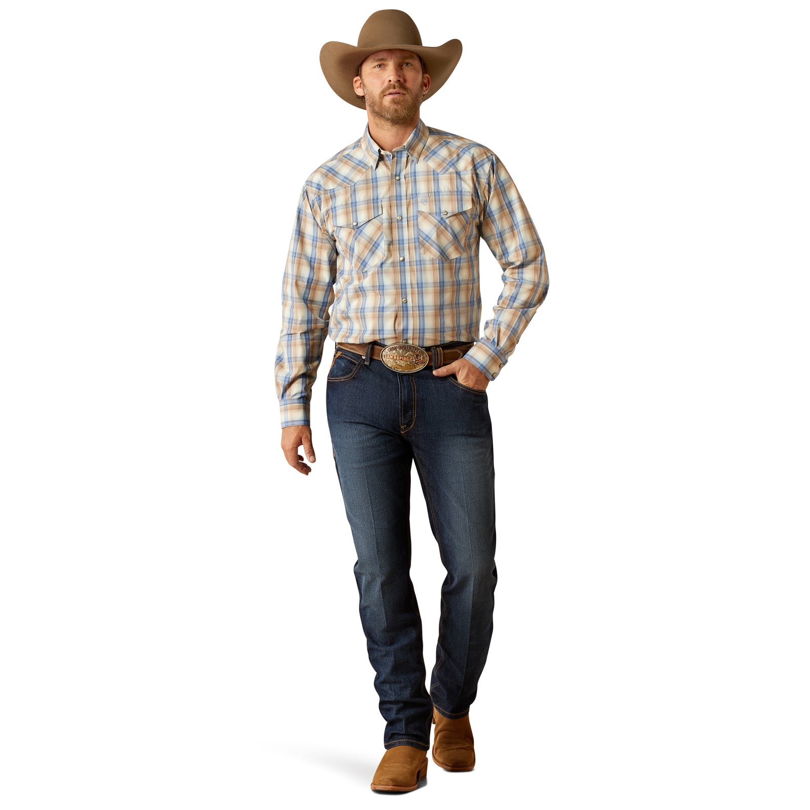 Ariat Men's Pro Series Clint L/S Snap Western Shirt. Man wearing a plaid shirt and cowboy hat on a white background