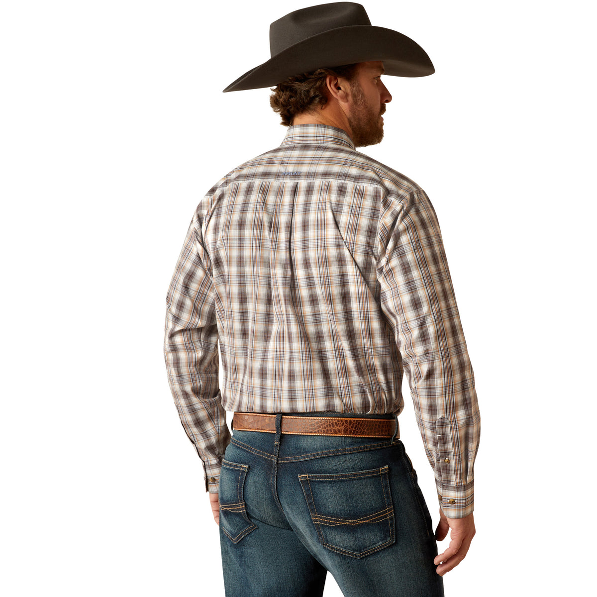 Ariat Men's Pro Series Casen L/S Western Shirt. Man wearing a plaid shirt and cowboy hat from the back.