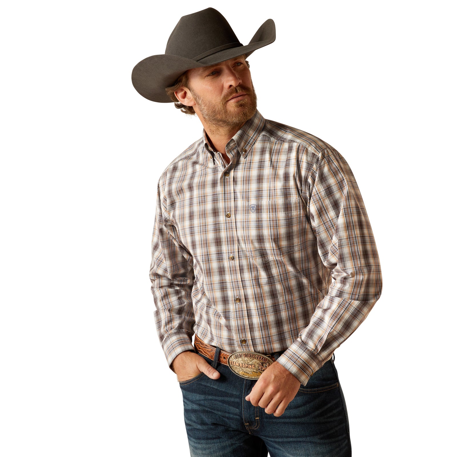 Ariat Men's Pro Series Casen L/S Western Shirt. A man wearing a long-sleeved plaid Western shirt in brown and blue, with a cowboy hat and blue jeans.