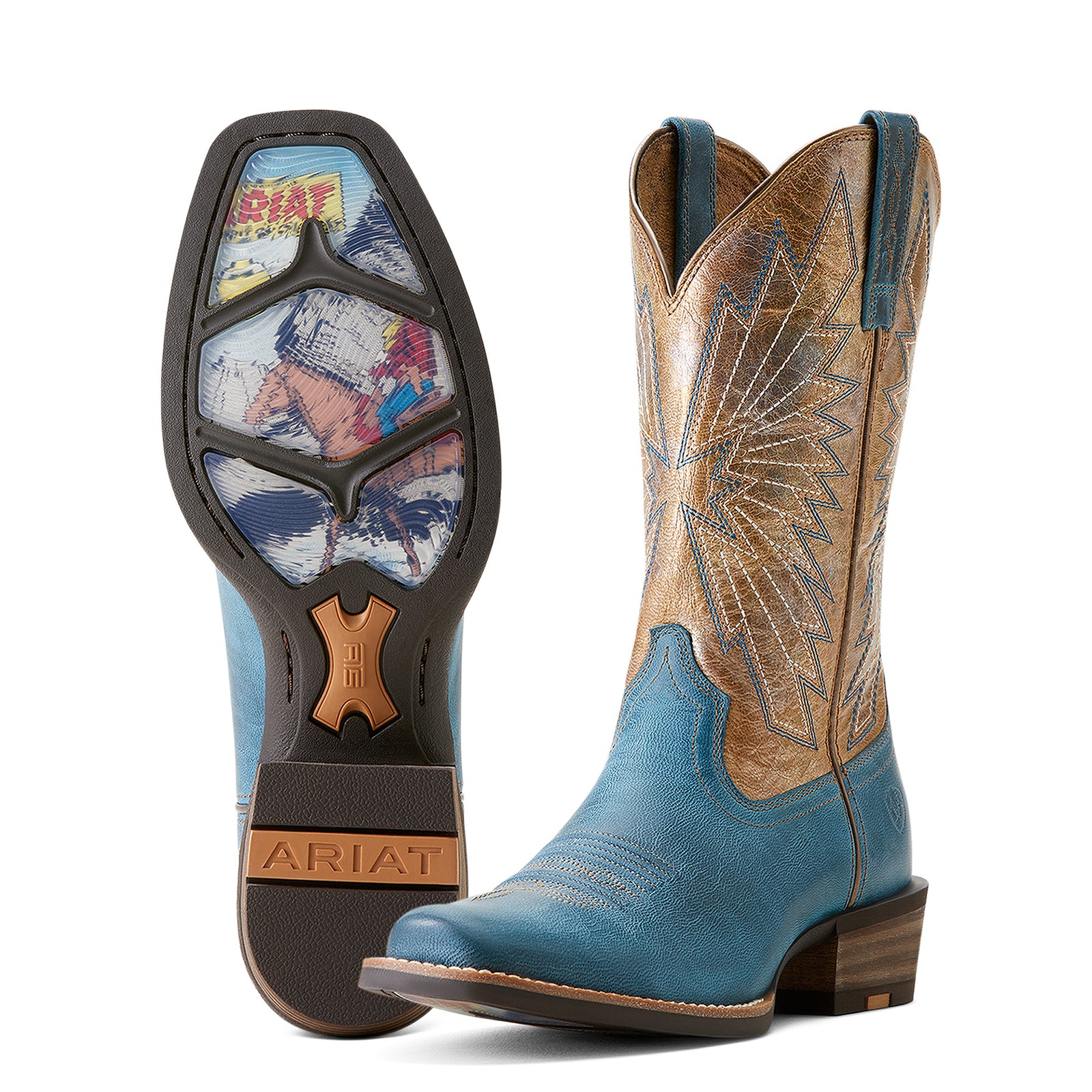 A pair of Ariat Women's Decatur Western Boots featuring a narrow cutter-toe silhouette and a clear sole with a unique graphic. The boots are blue with a brown stitch pattern.
