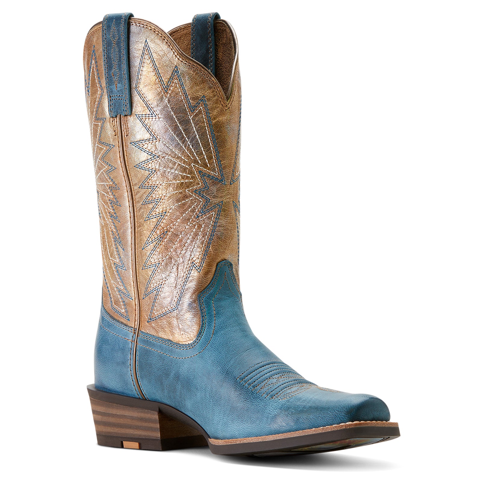 A pair of Ariat Women's Decatur Western Boots featuring a narrow cutter-toe silhouette and a clear sole with a unique graphic. The boots are blue with a brown stitch pattern.