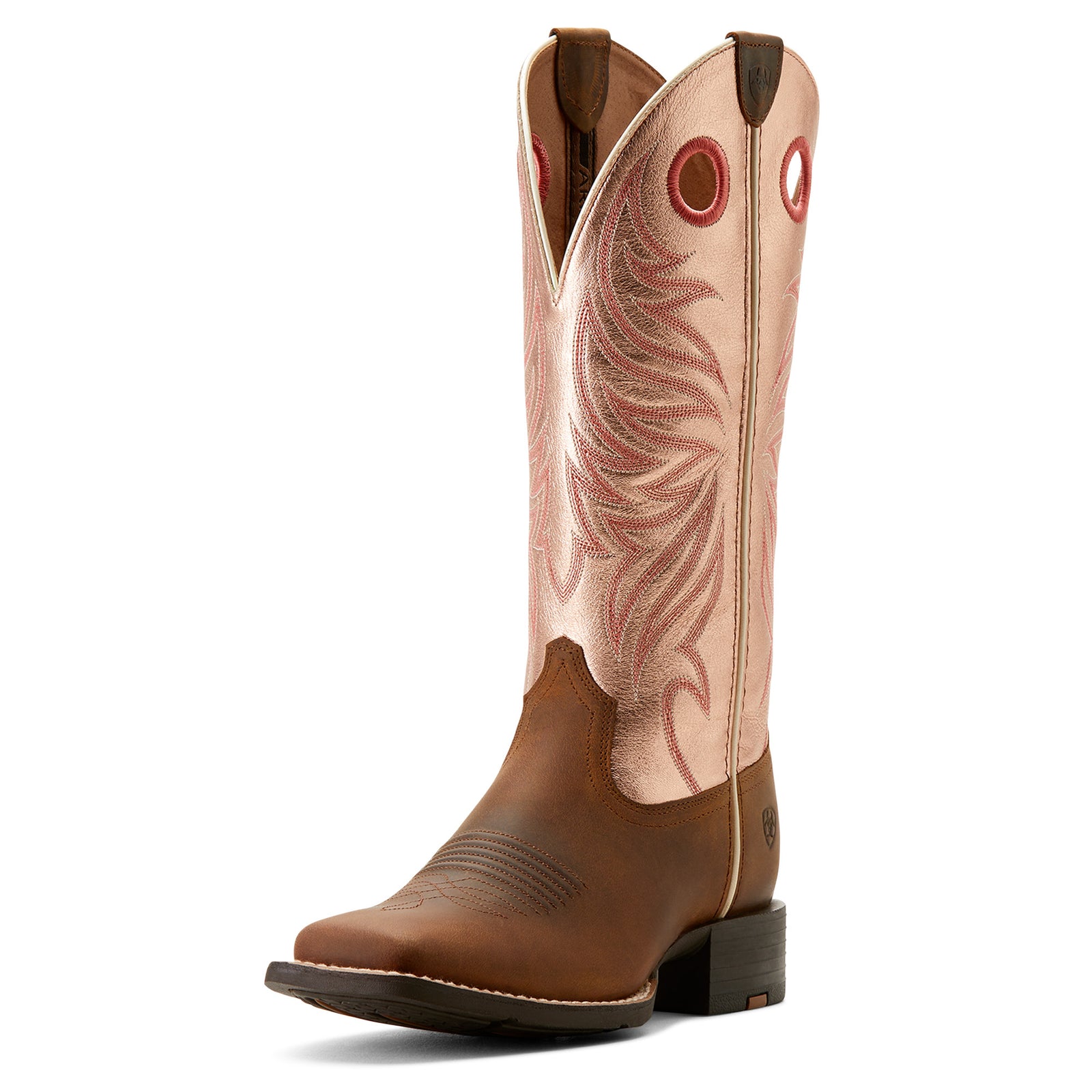 A women's Ariat Western boot with brown full-grain leather foot and upper, traditional Western stitching, and a Duratread sole.