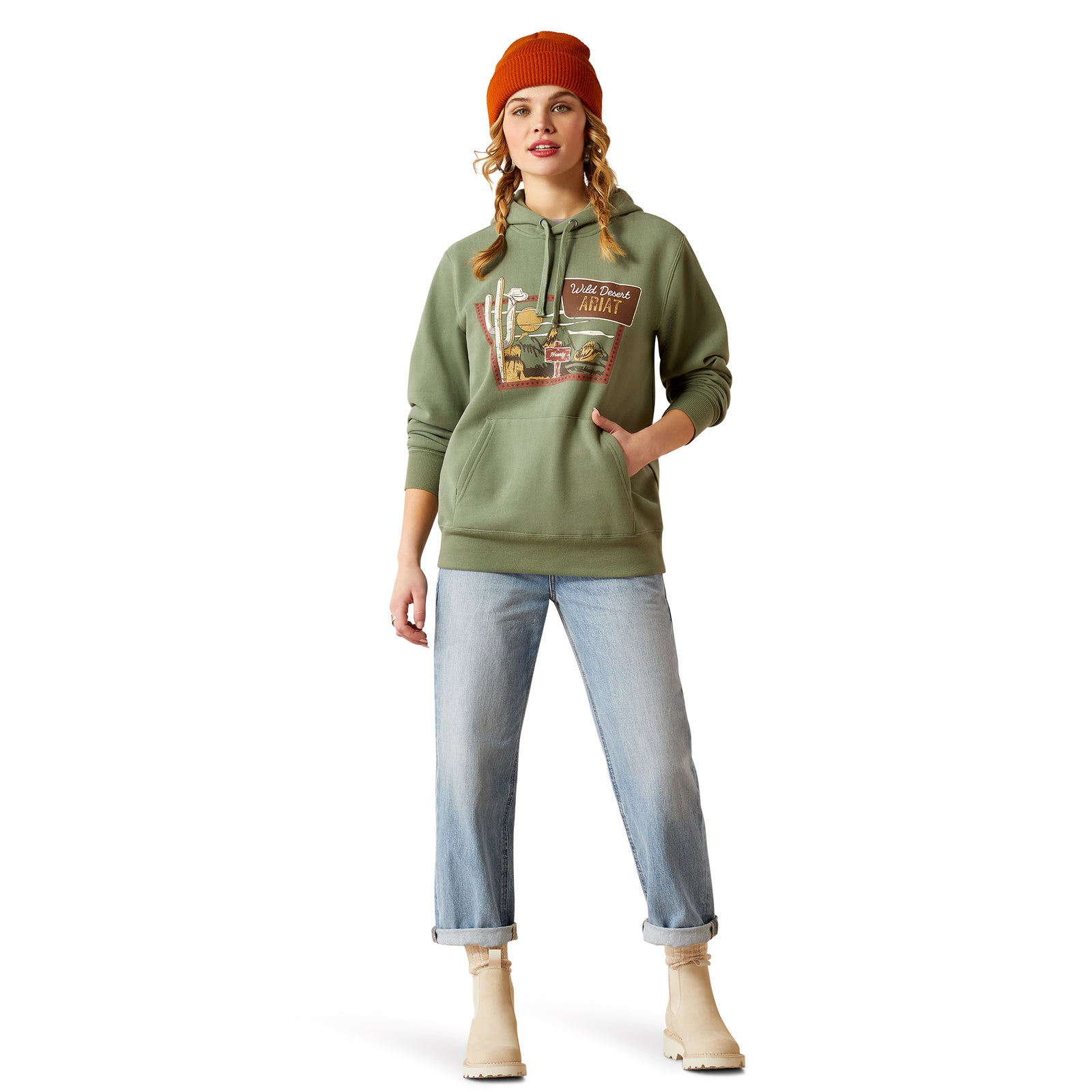 Ariat Women's Route 66 Hoodie. Person wearing a green hoodie with a graphic design