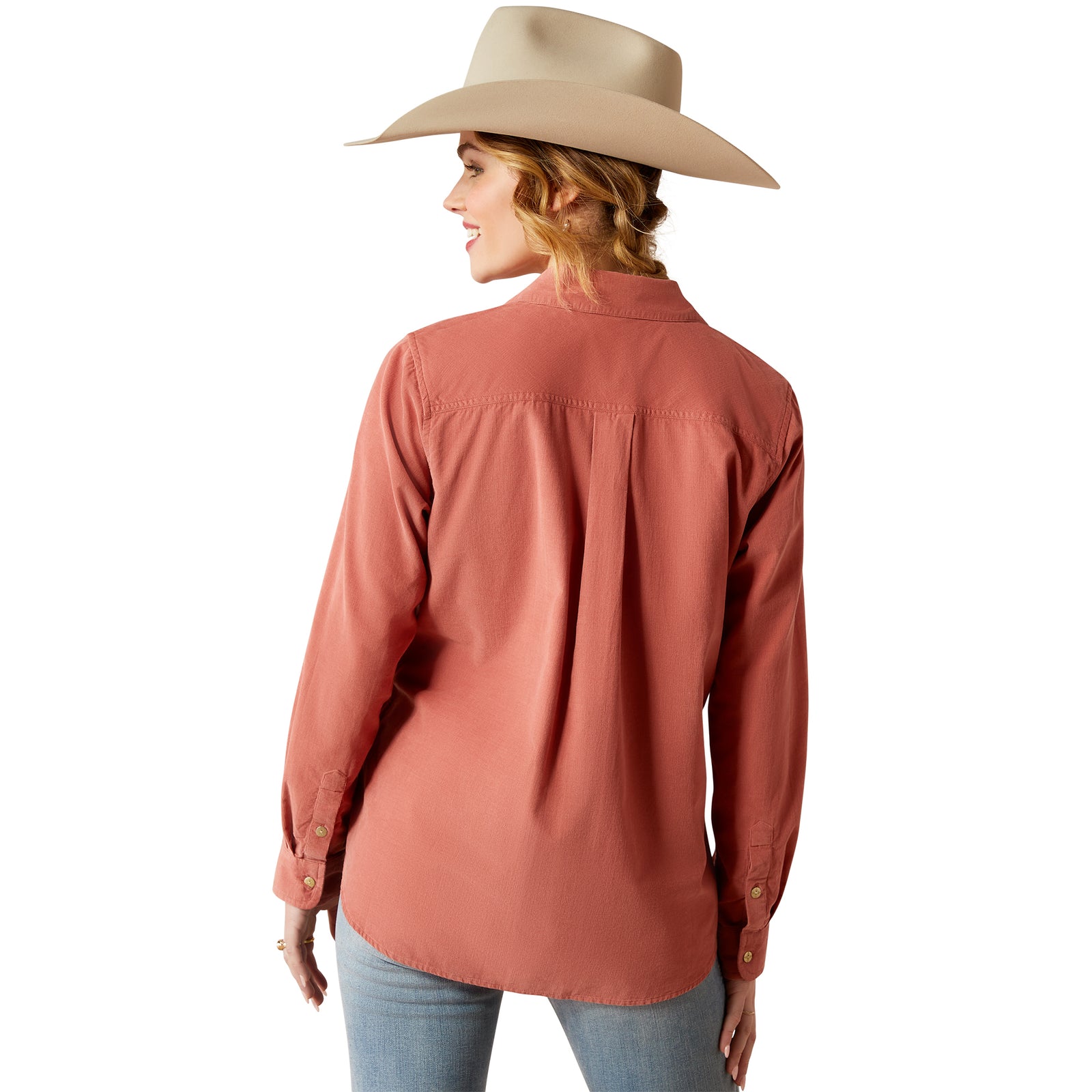 Ariat Women's Billie Jean Corded L/S Western Shirt. Person wearing a red shirt and tan hat on a white background