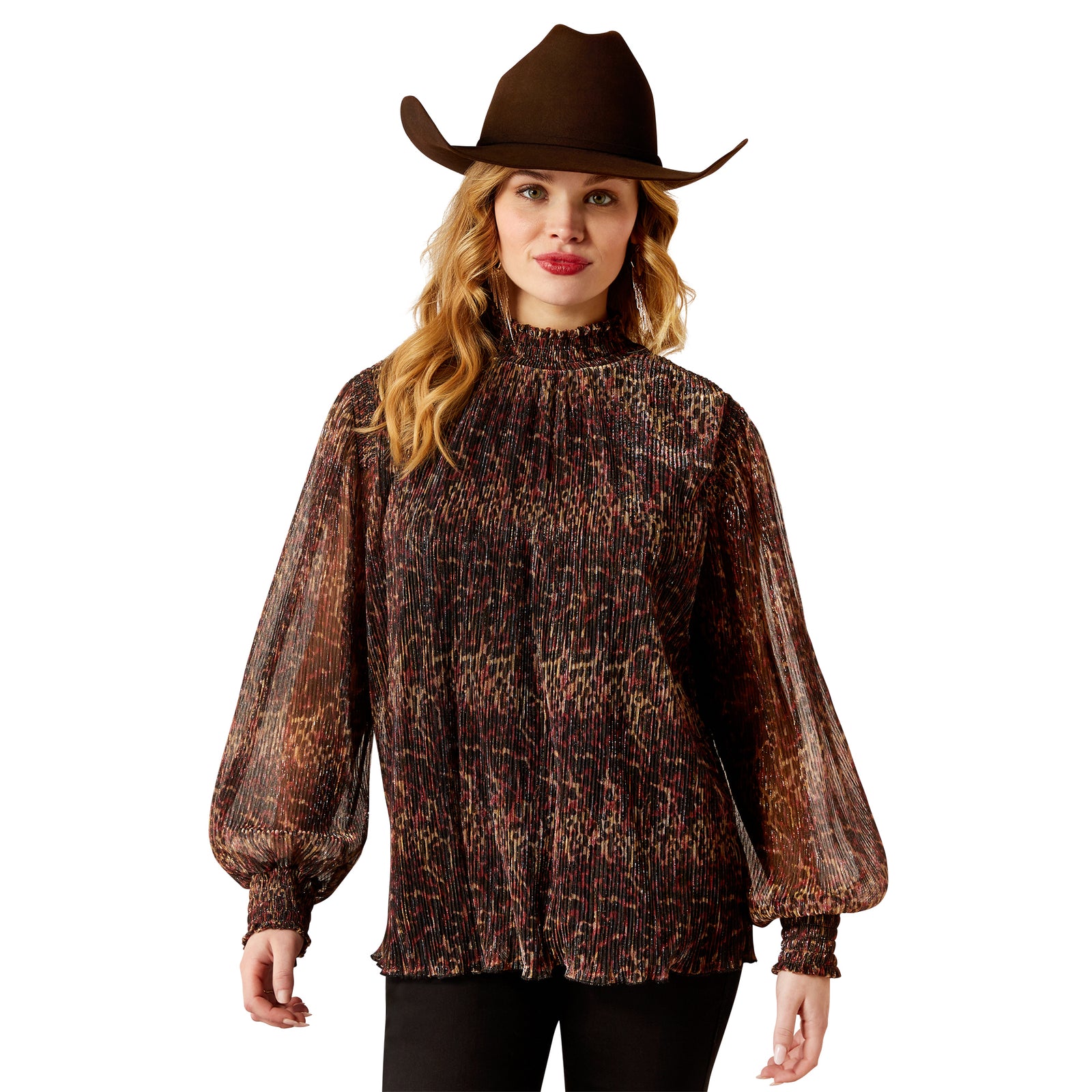 Ariat Women's Plume Pleated L/S Top. A woman wearing a long sleeve pleated top with a animal print, paired with a cowboy hat.
