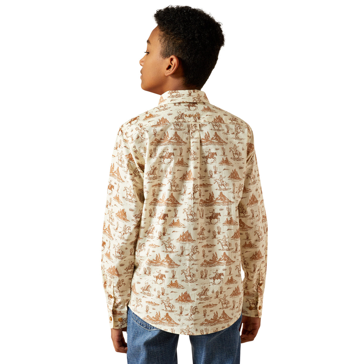 Child wearing a patterned shirt on a white background