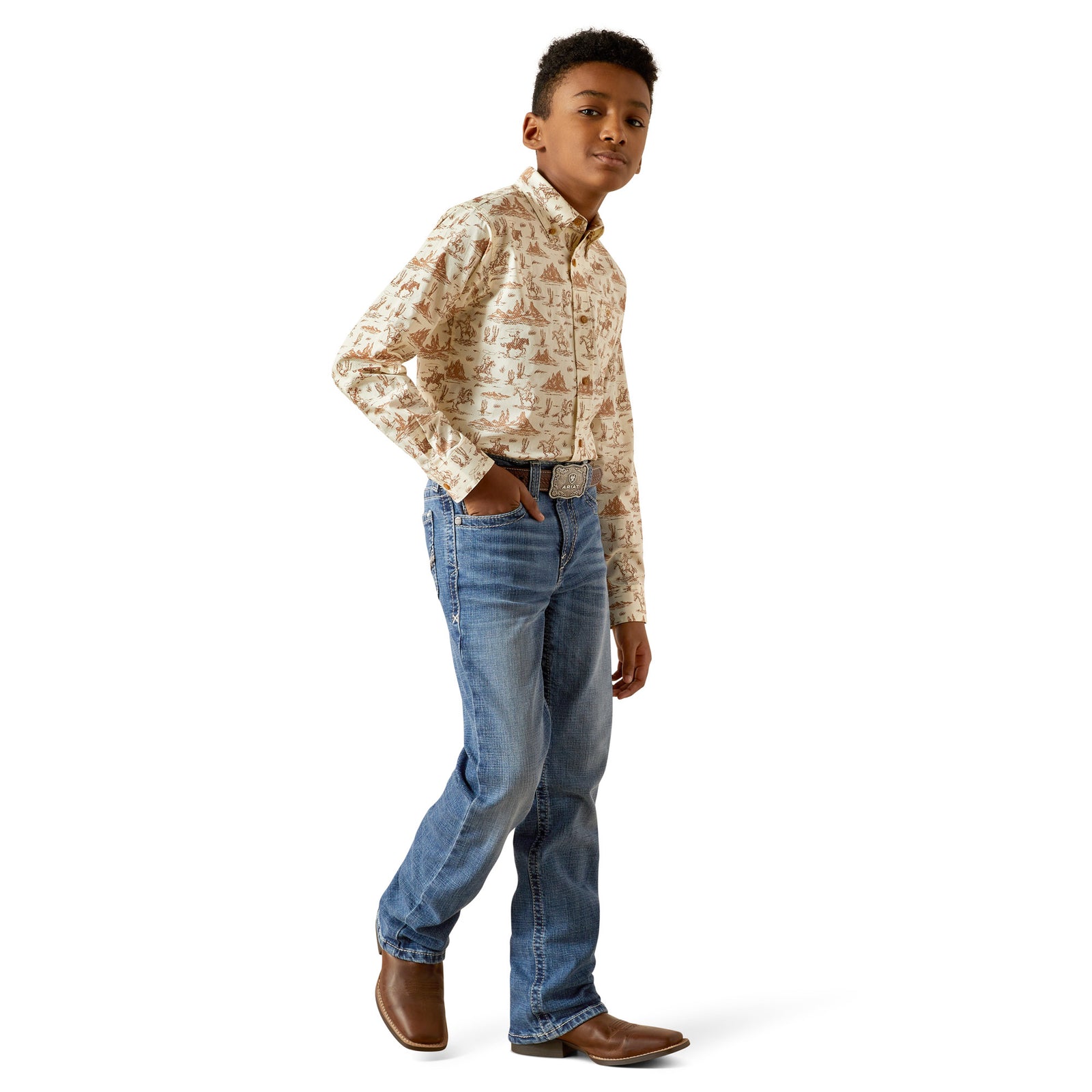 Person wearing a patterned shirt, jeans, and brown shoes on a white background
