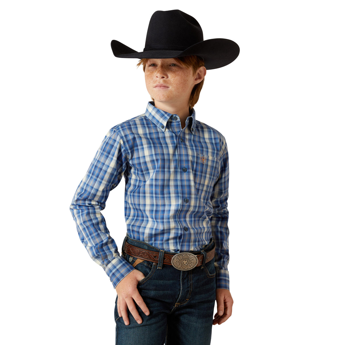 Child wearing a blue plaid shirt, black cowboy hat, and jeans on a white background
