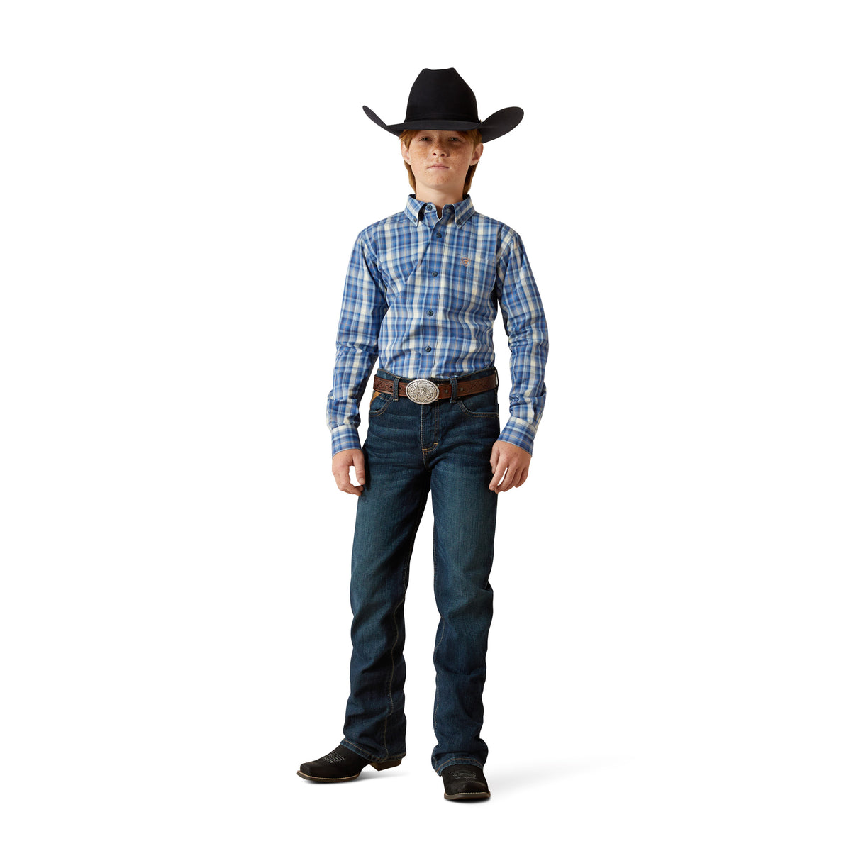 Child wearing a blue plaid shirt, dark jeans, and a black cowboy hat on a white background