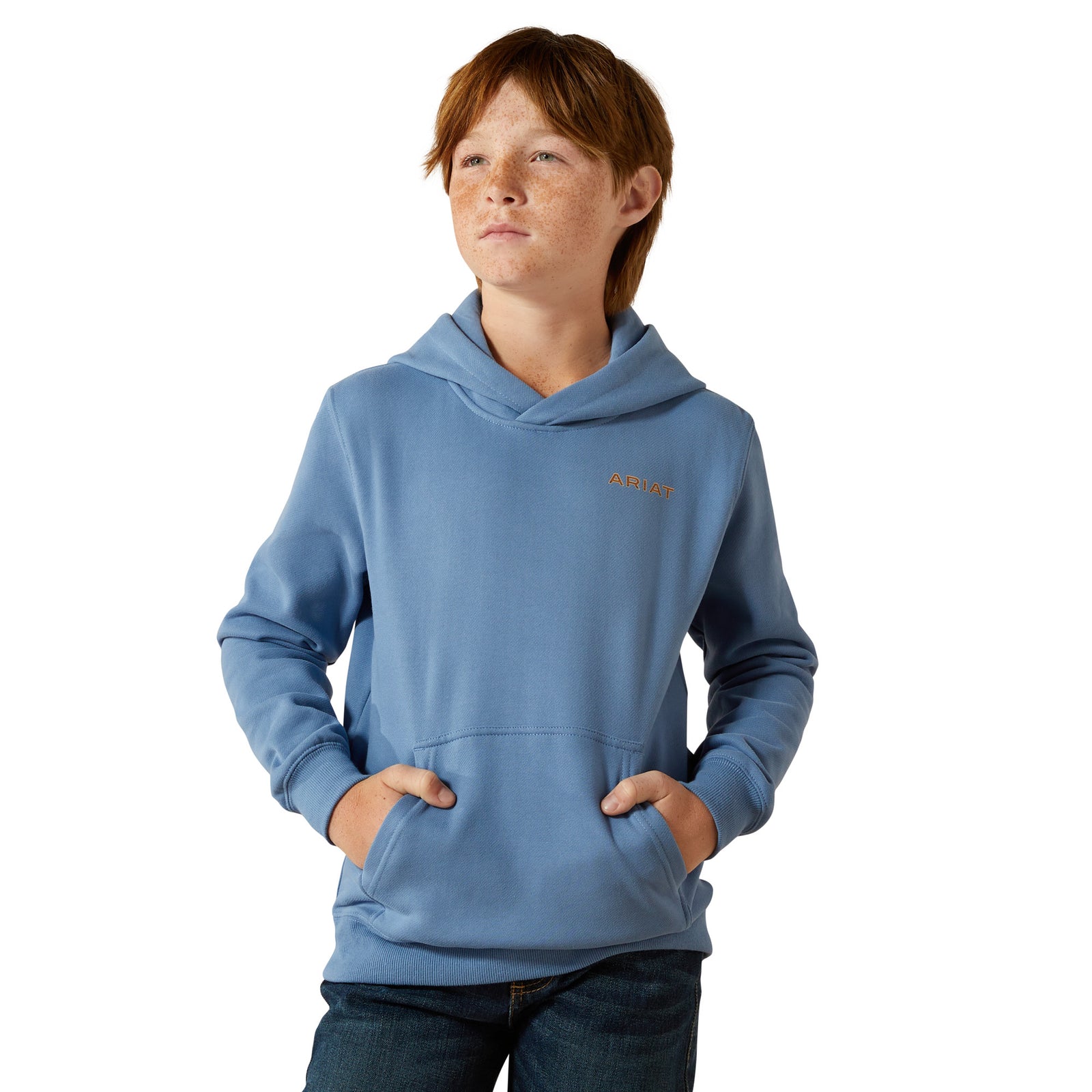 Child wearing a blue hoodie with a brand logo on a white background