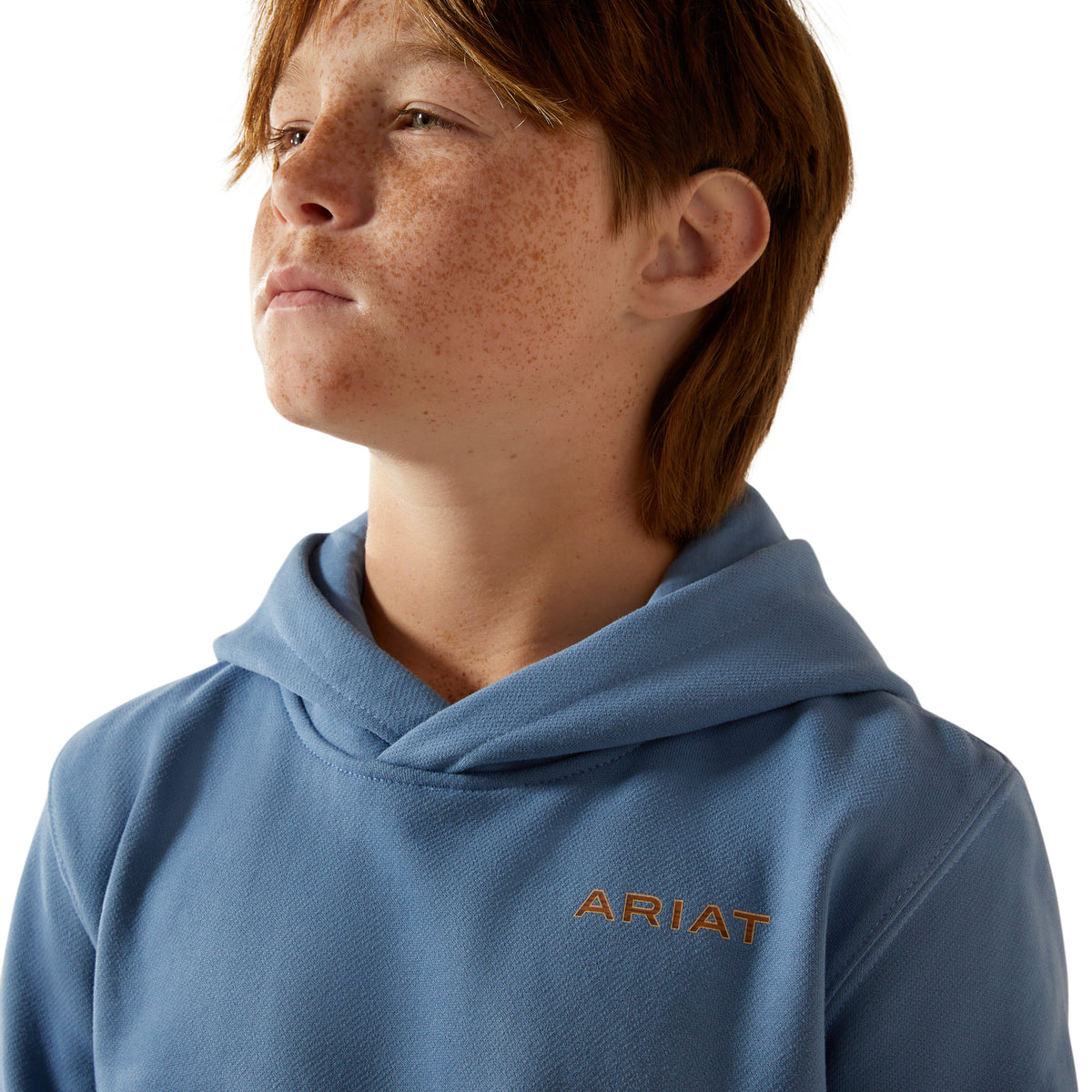 Person wearing a blue hoodie with 'Ariat' logo on a white background