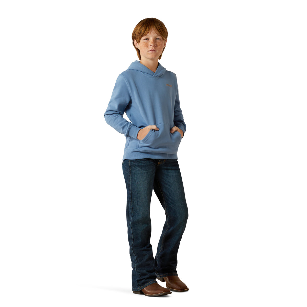 Person wearing a blue hoodie and jeans on a white background
