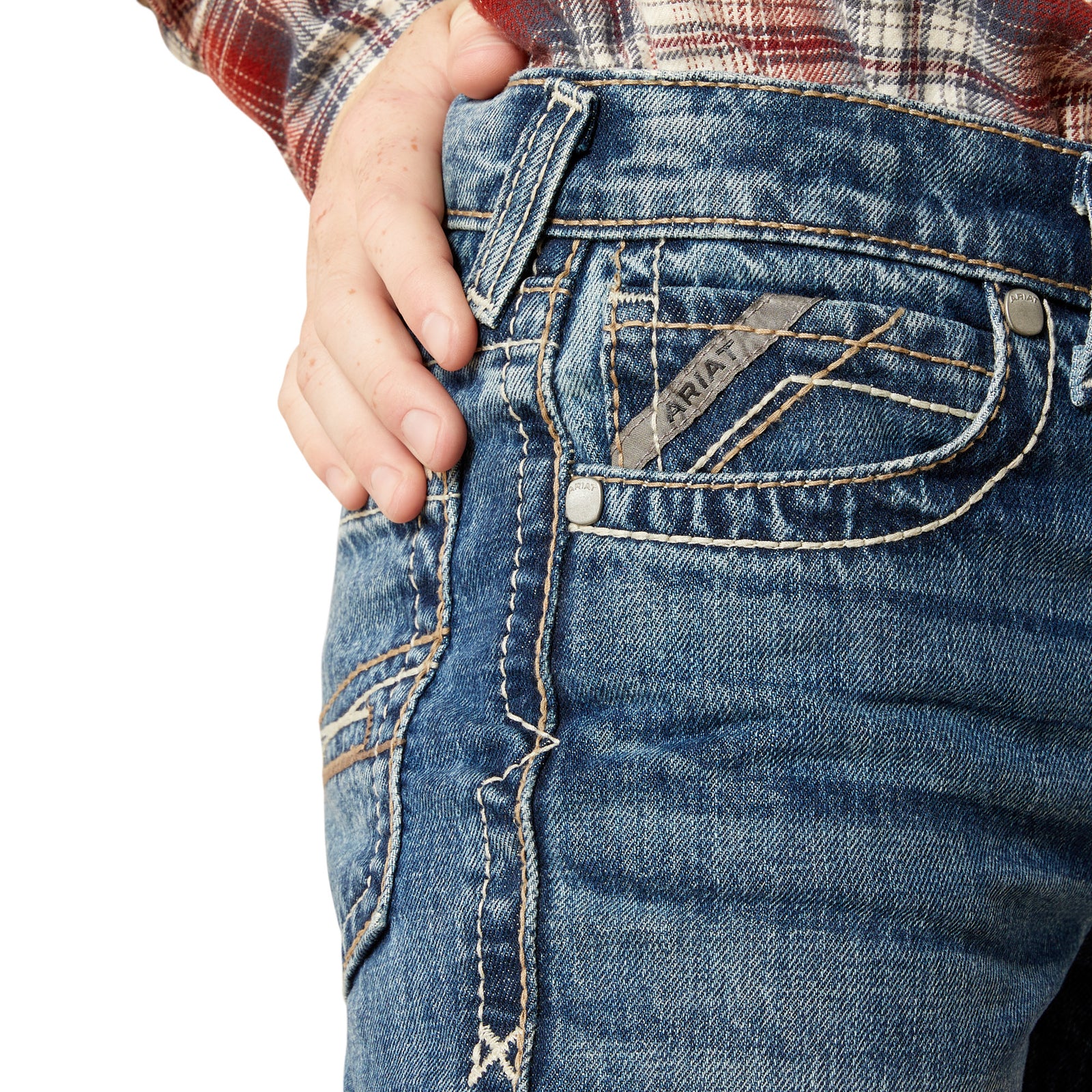 Person wearing blue jeans and a plaid shirt on a white background