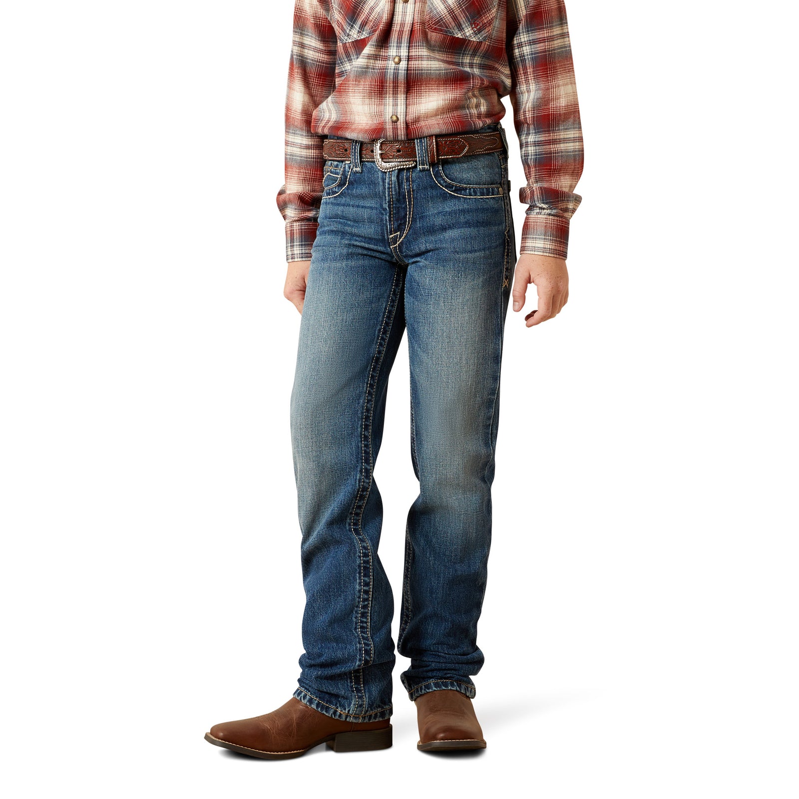 Person wearing blue jeans and a plaid shirt on a white background