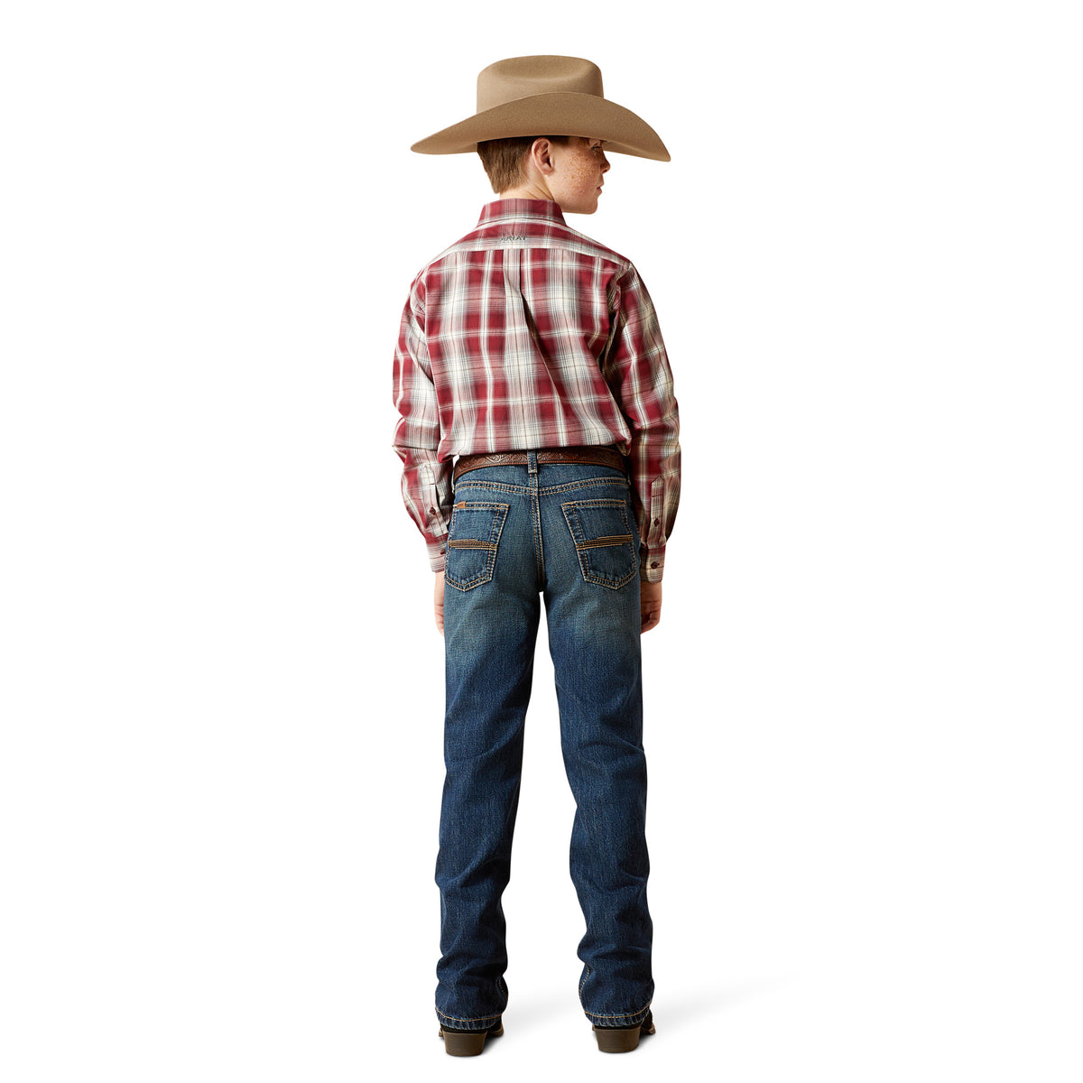 Person wearing a plaid shirt, jeans, and a cowboy hat on a white background