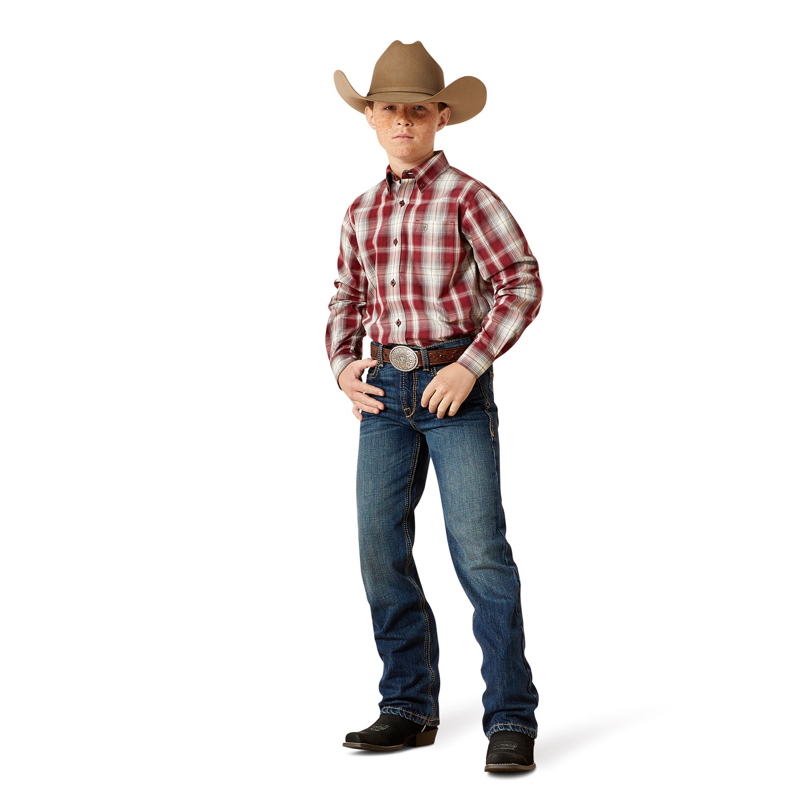 Person wearing a cowboy hat, plaid shirt, jeans, and boots on a white background