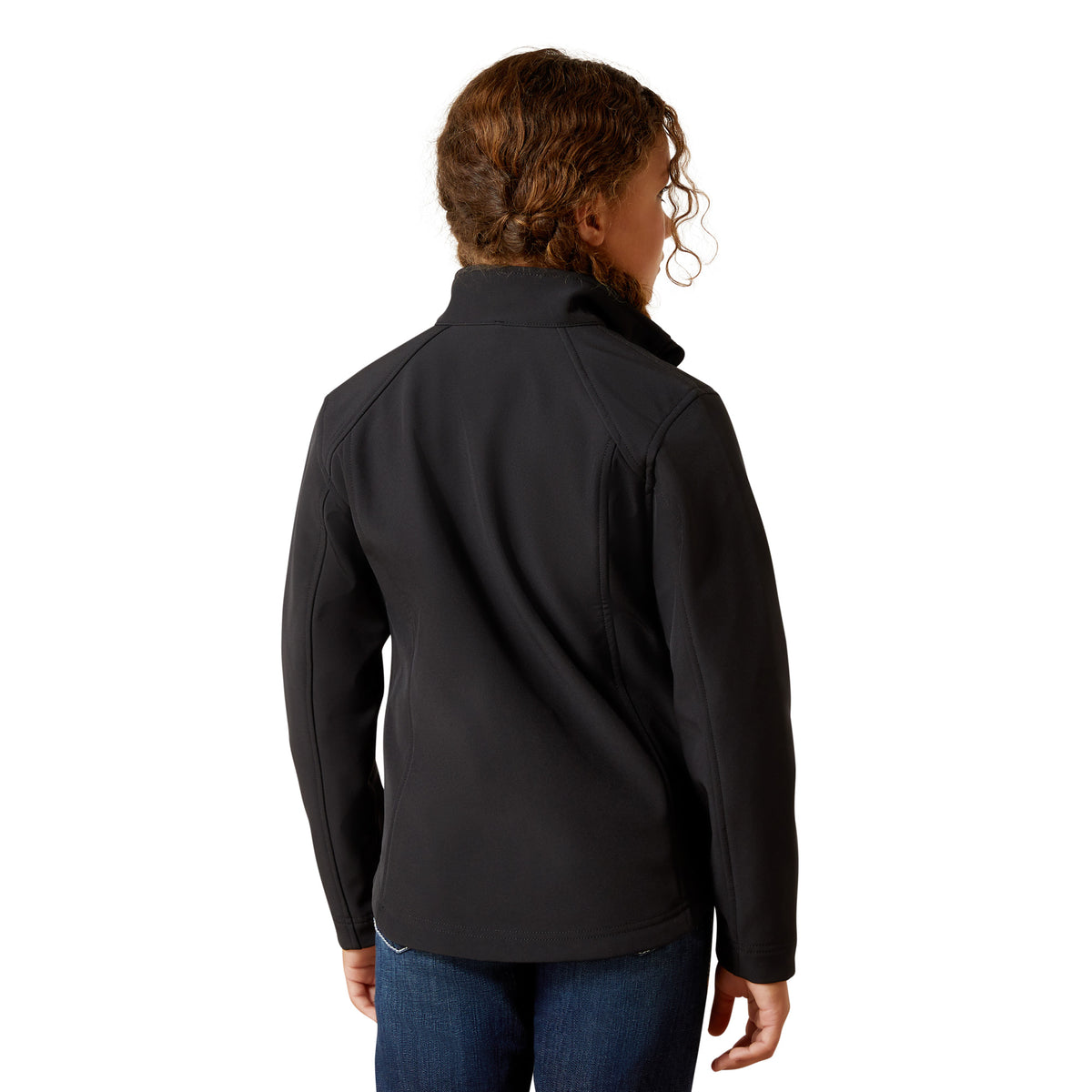 Person wearing a black jacket on a white background