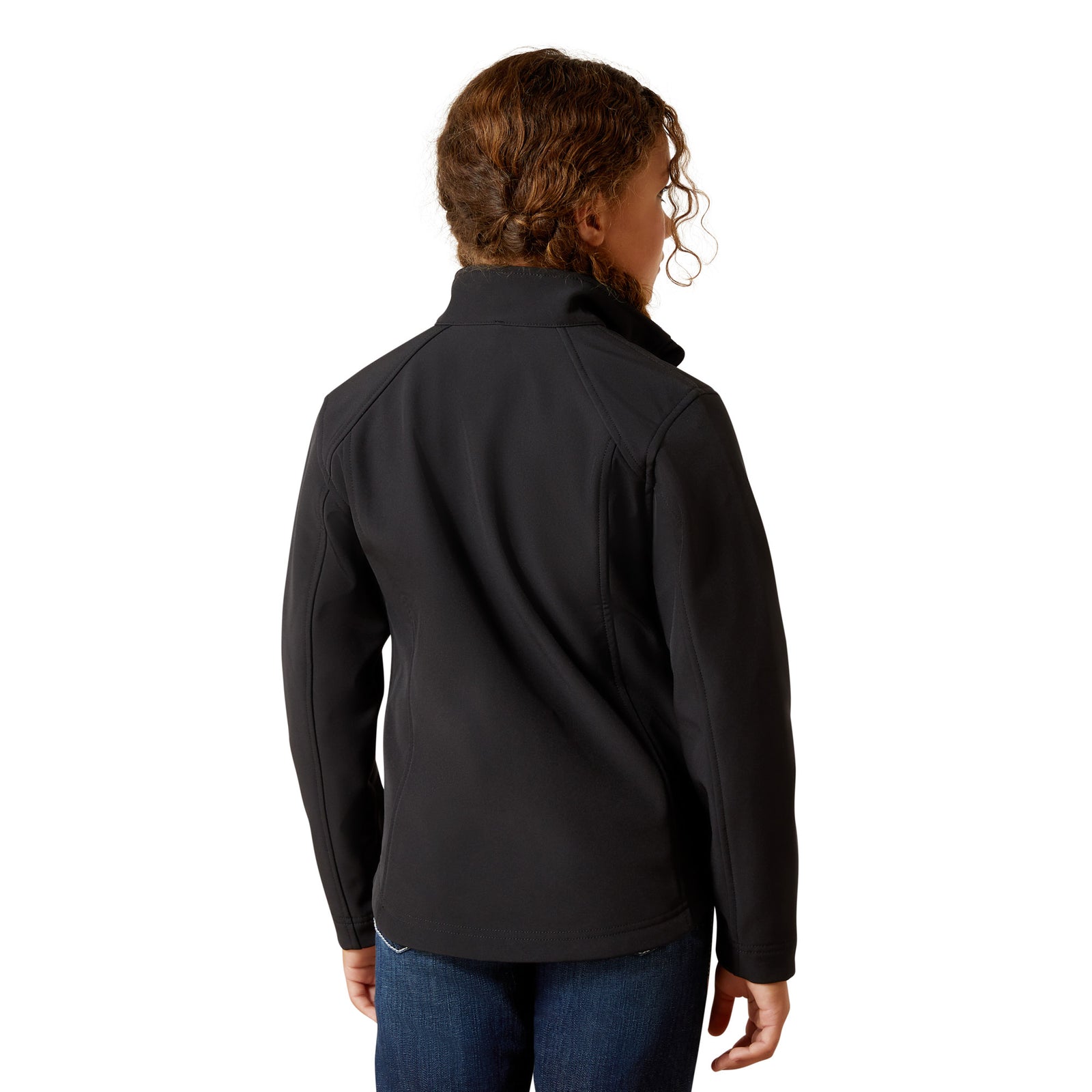 Person wearing a black jacket on a white background
