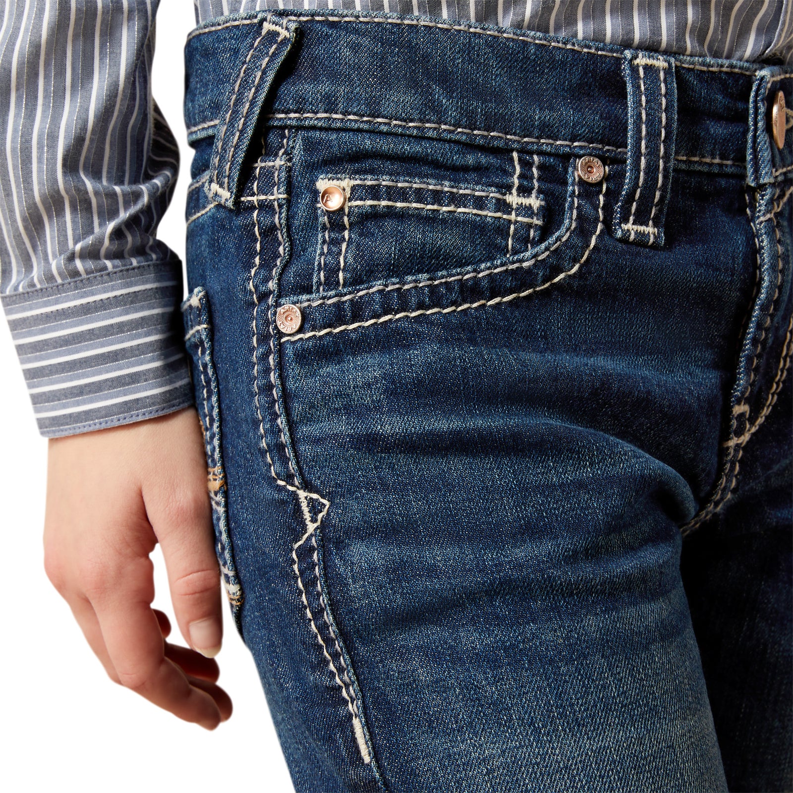 Close-up of blue jeans with a striped shirt sleeve in the background
