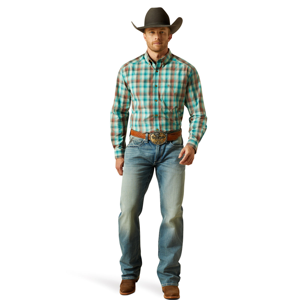 Ariat Men's M4 Thomas Relaxed Boot Cut Jean. Man wearing a plaid shirt, jeans, and cowboy hat on a white background
