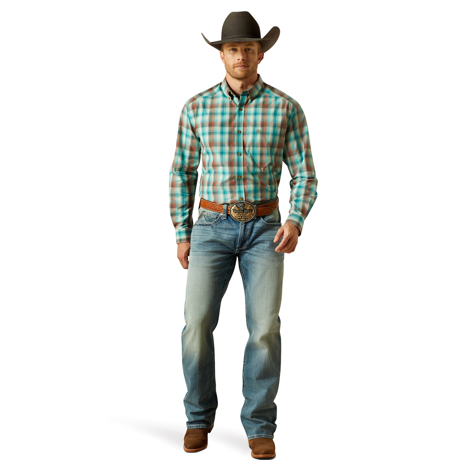 Ariat Men's M4 Thomas Relaxed Boot Cut Jean. Man wearing a plaid shirt, jeans, and cowboy hat on a white background