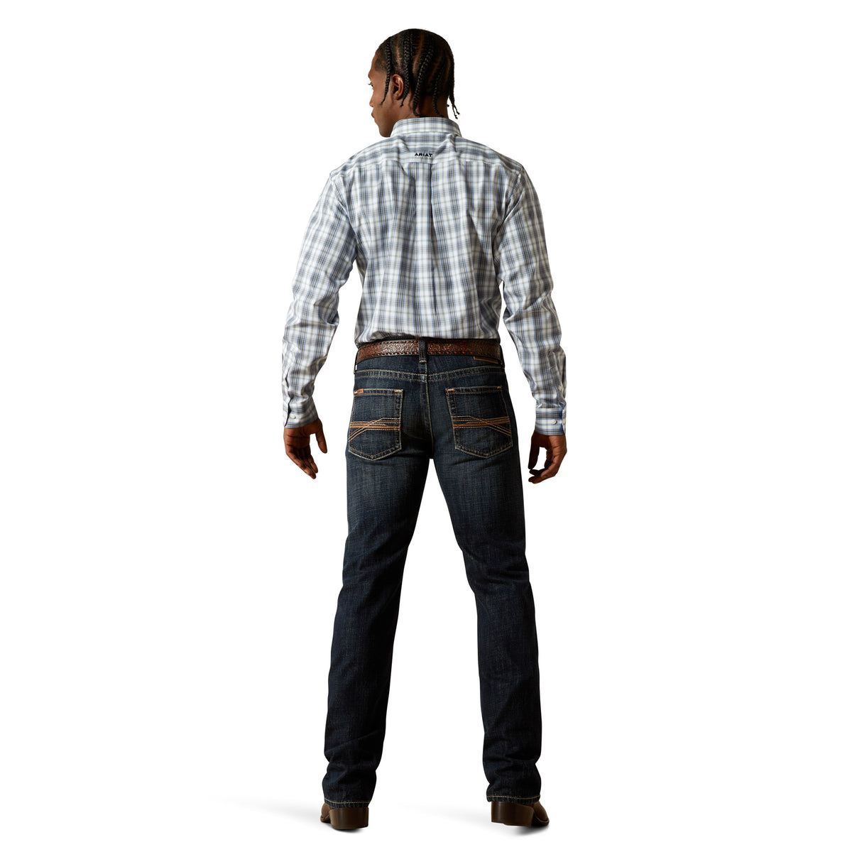 Ariat Men's M5 Keith Straight Leg Jean. Person wearing a plaid shirt and jeans on a white background