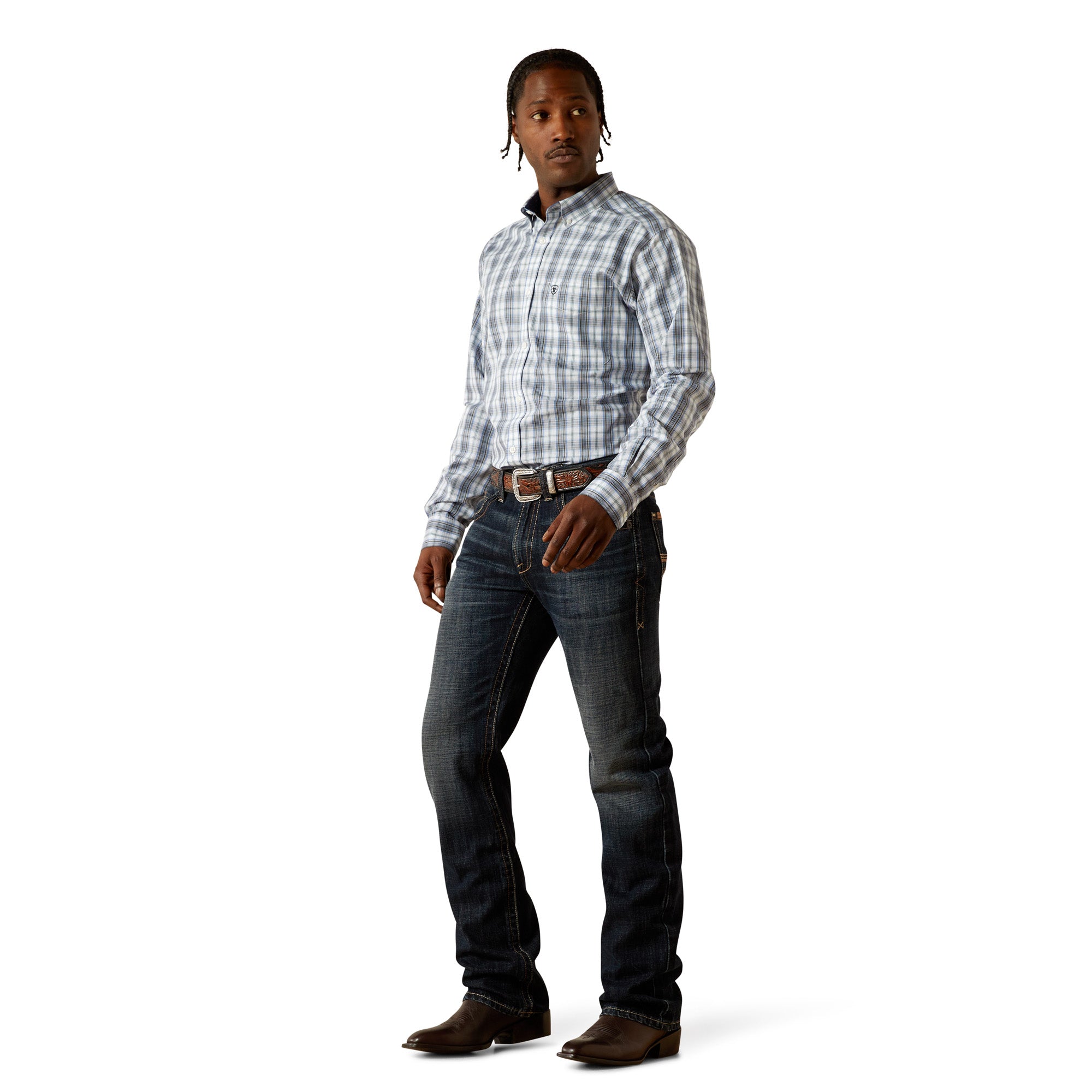 Ariat Men's M5 Keith Straight Leg Jean. Man wearing a plaid shirt and jeans on a white background