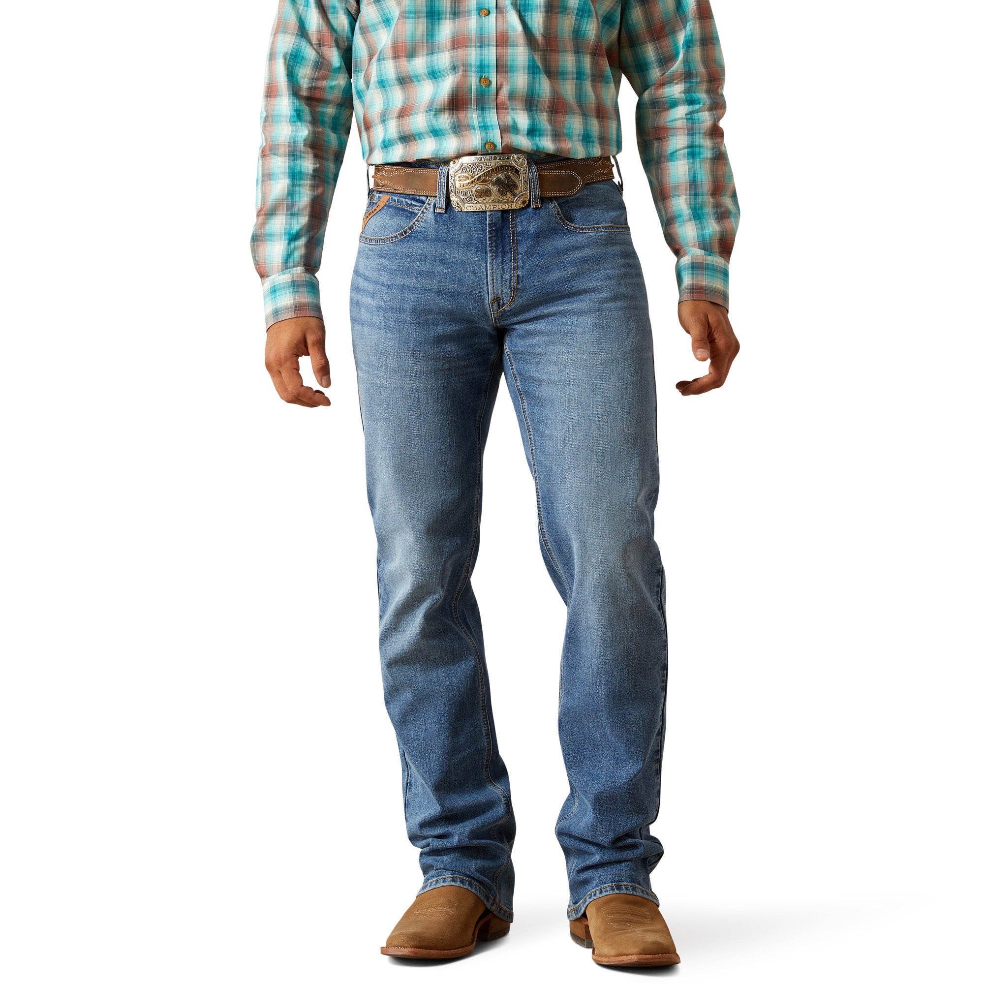 Ariat Men's M4 Pickett Relaxed Boot Cut Jean. Person wearing a plaid shirt, jeans, and brown shoes on a white background