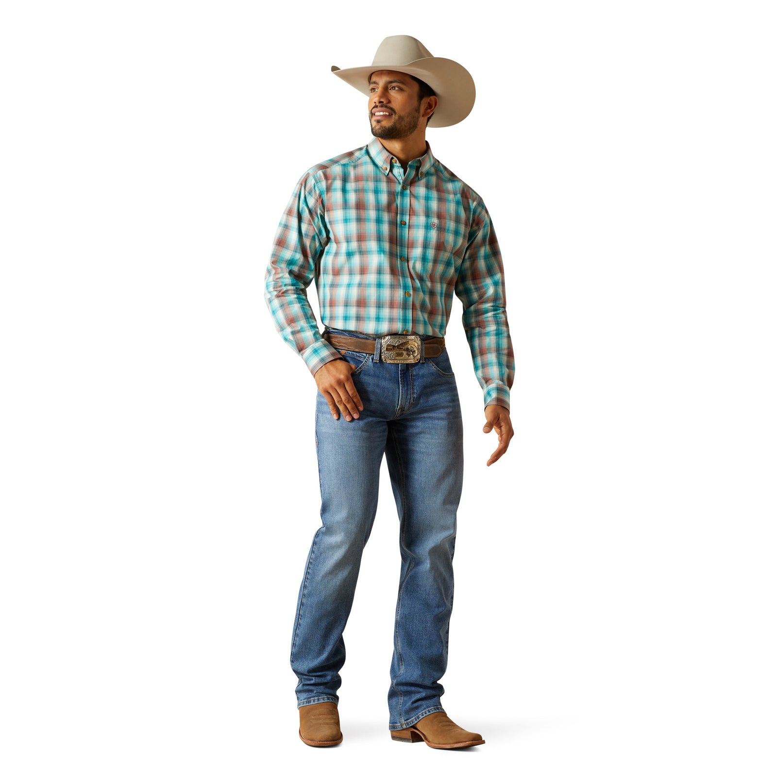 Ariat Men's M4 Pickett Relaxed Boot Cut Jean. Man wearing a plaid shirt, jeans, and cowboy hat on a white background