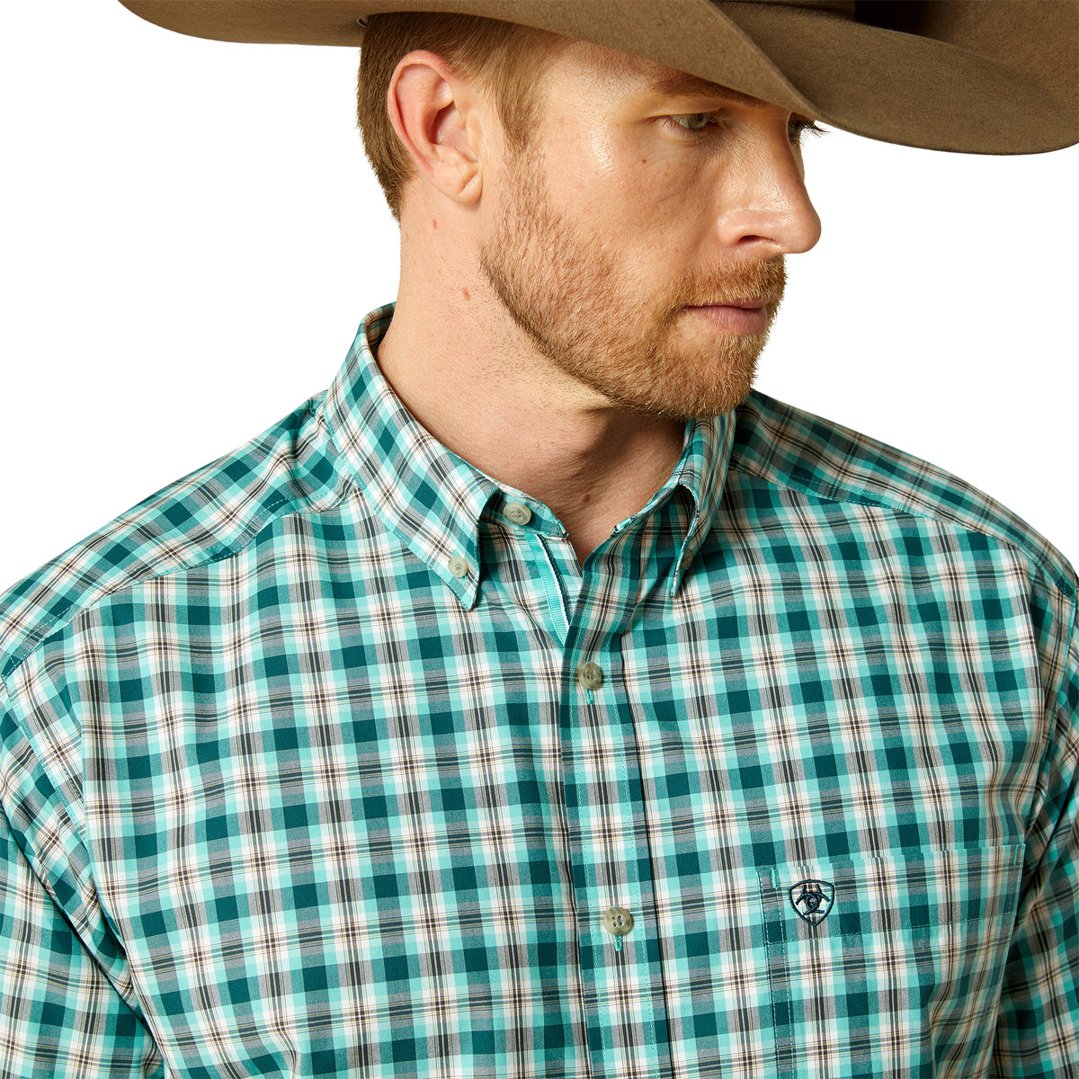 Man wearing a green plaid shirt and brown cowboy hat on a white background