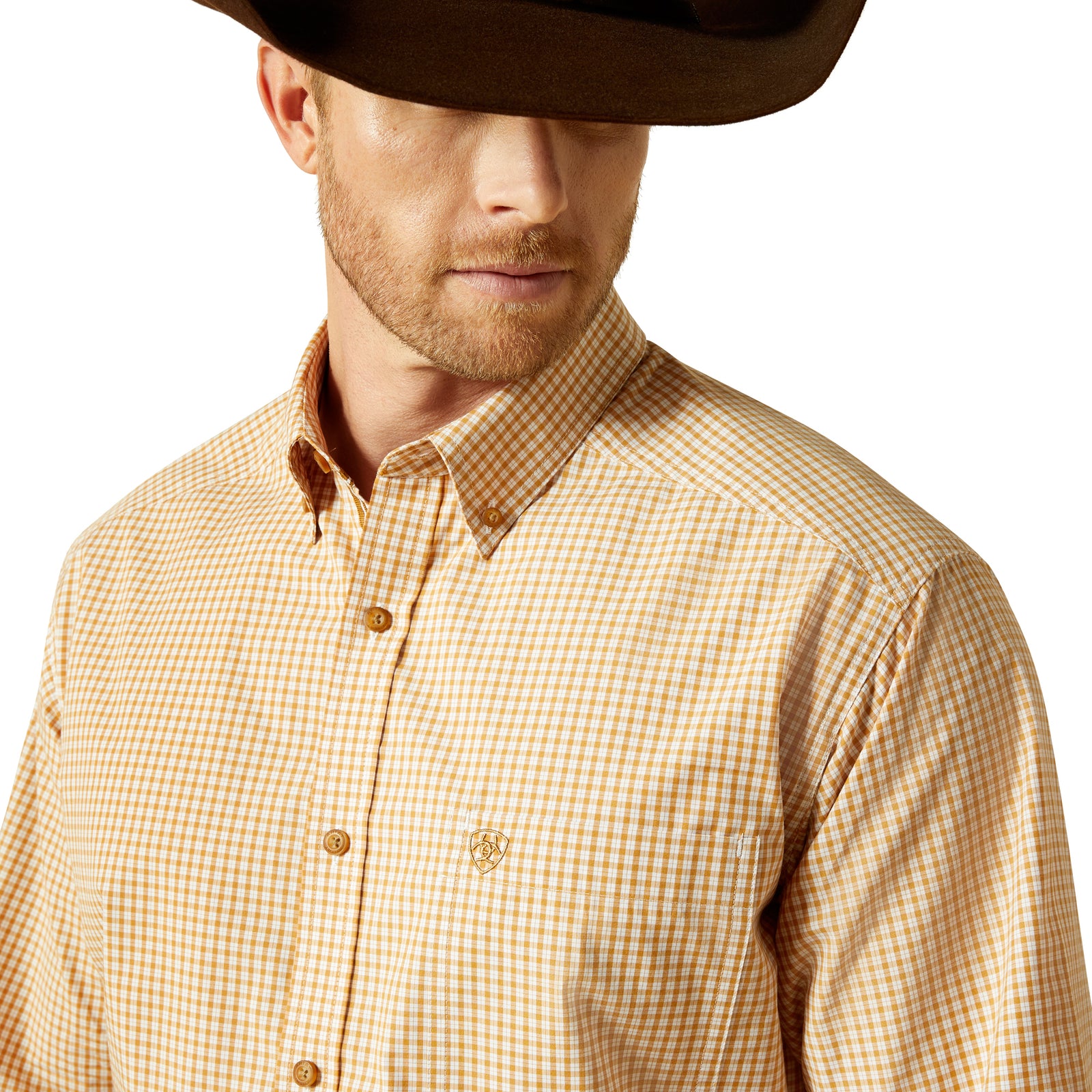 Man wearing a checkered shirt and cowboy hat on a white background