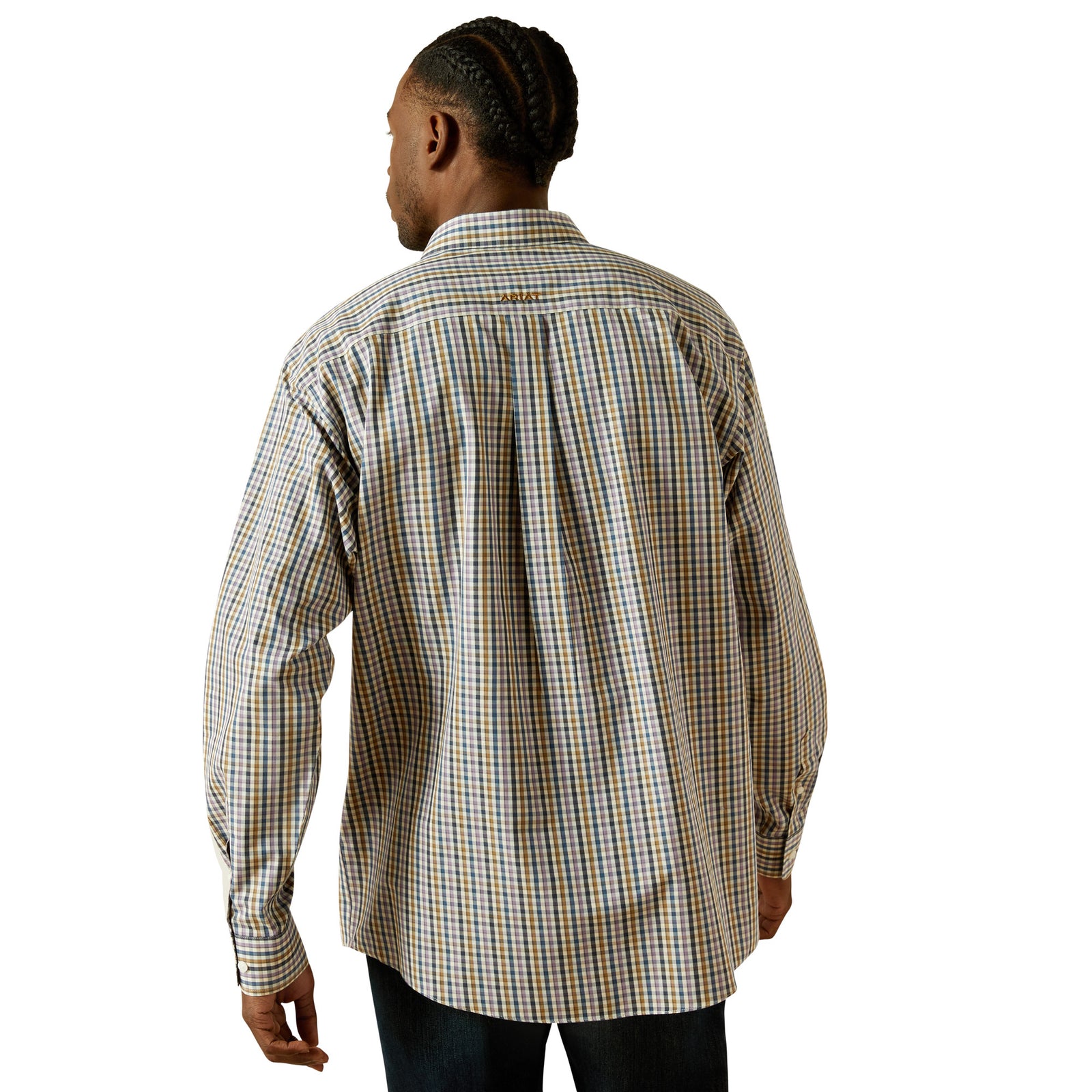 Man wearing a plaid shirt on a white background