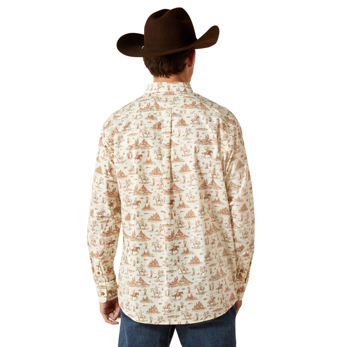 Person wearing a patterned shirt and cowboy hat on a white background