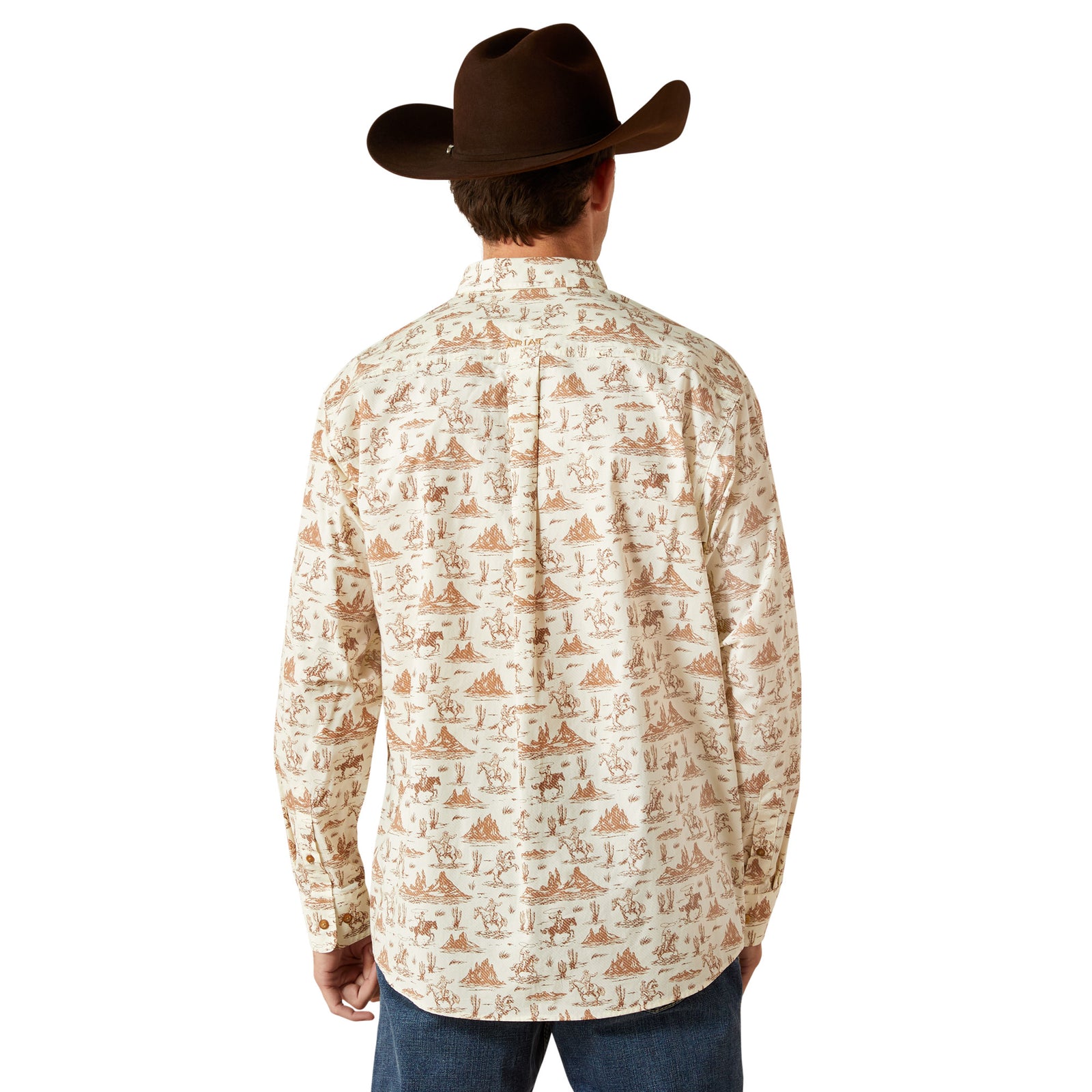Person wearing a patterned shirt and cowboy hat on a white background