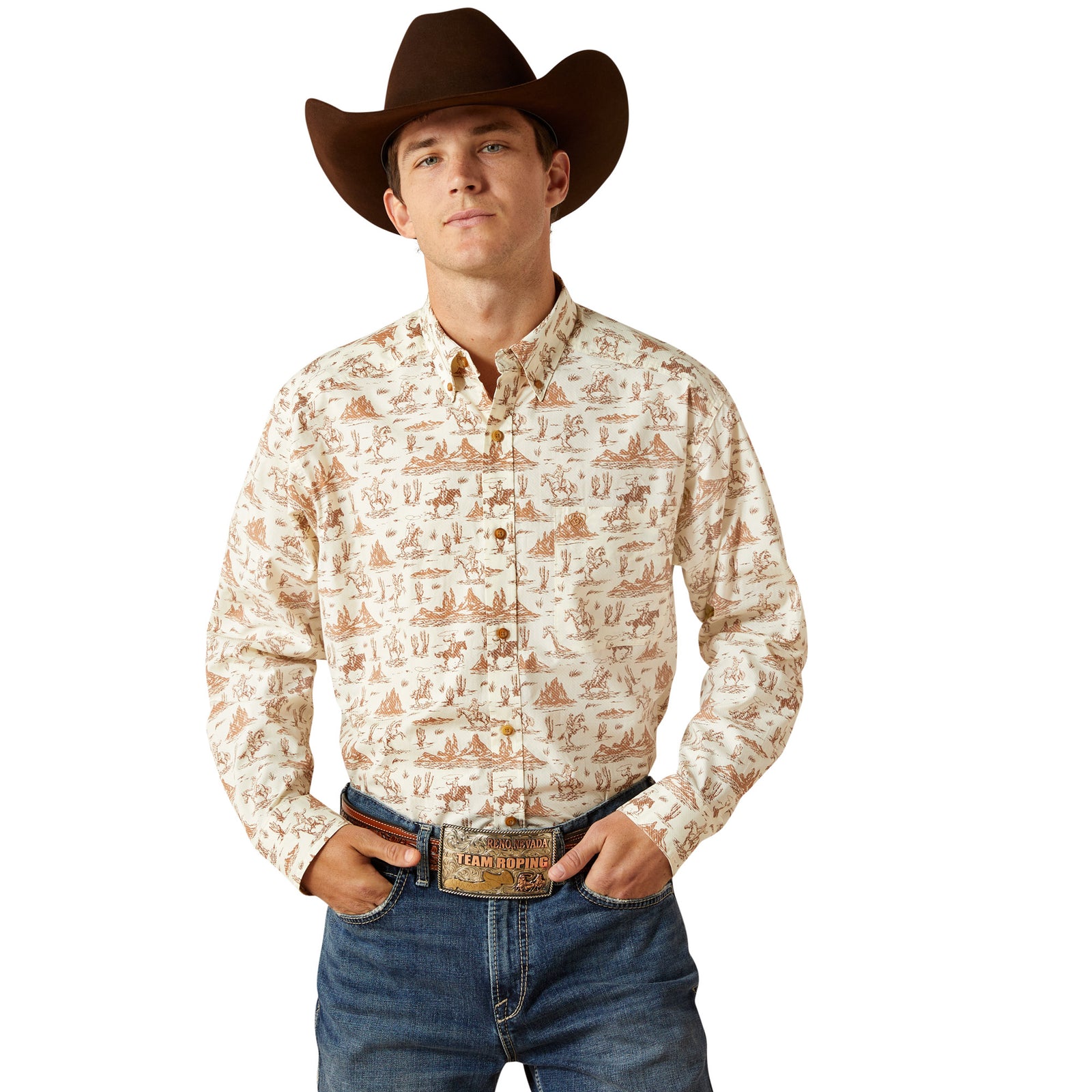 Man wearing a patterned shirt, jeans, and a cowboy hat on a white background