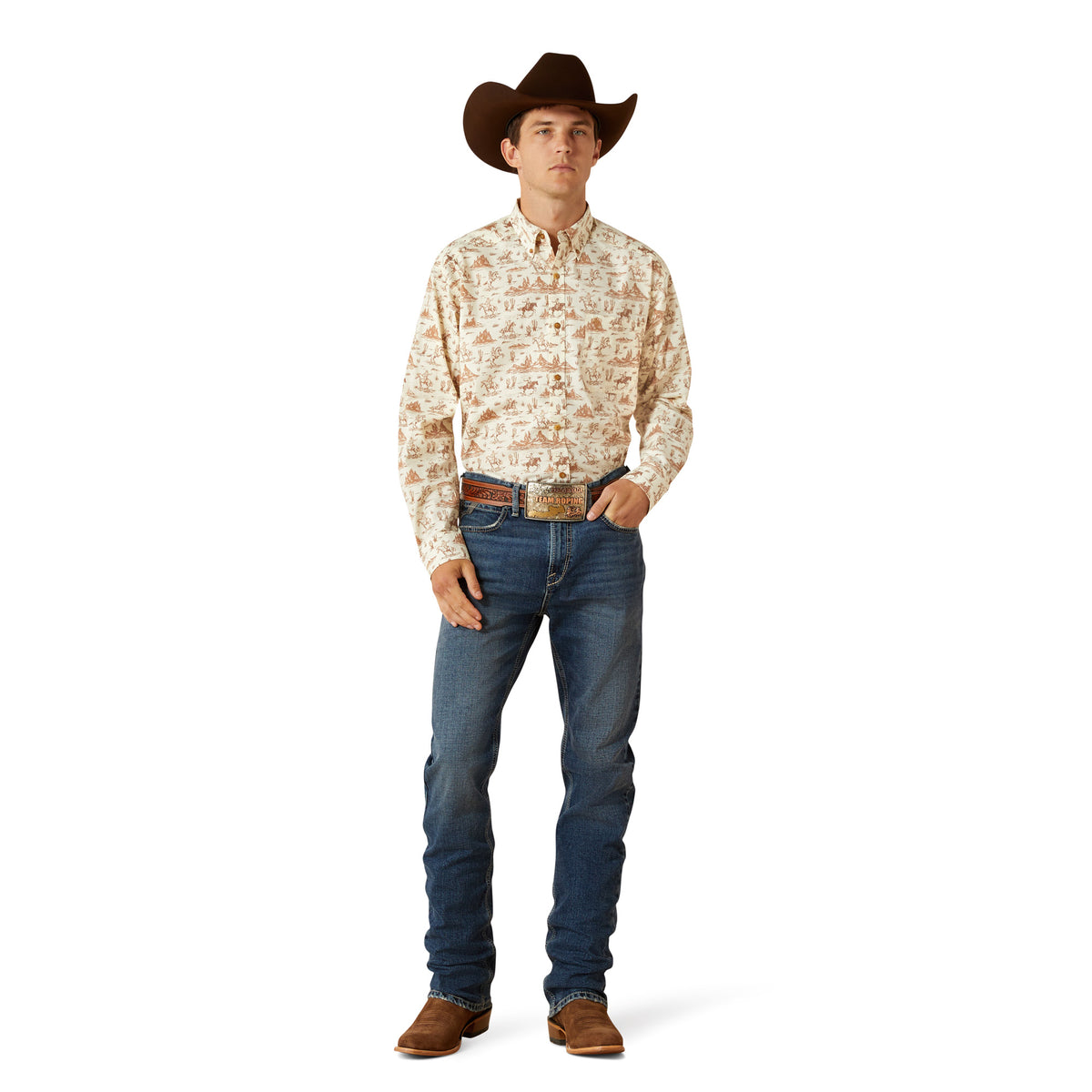 Man wearing a patterned shirt, jeans, and a cowboy hat on a white background