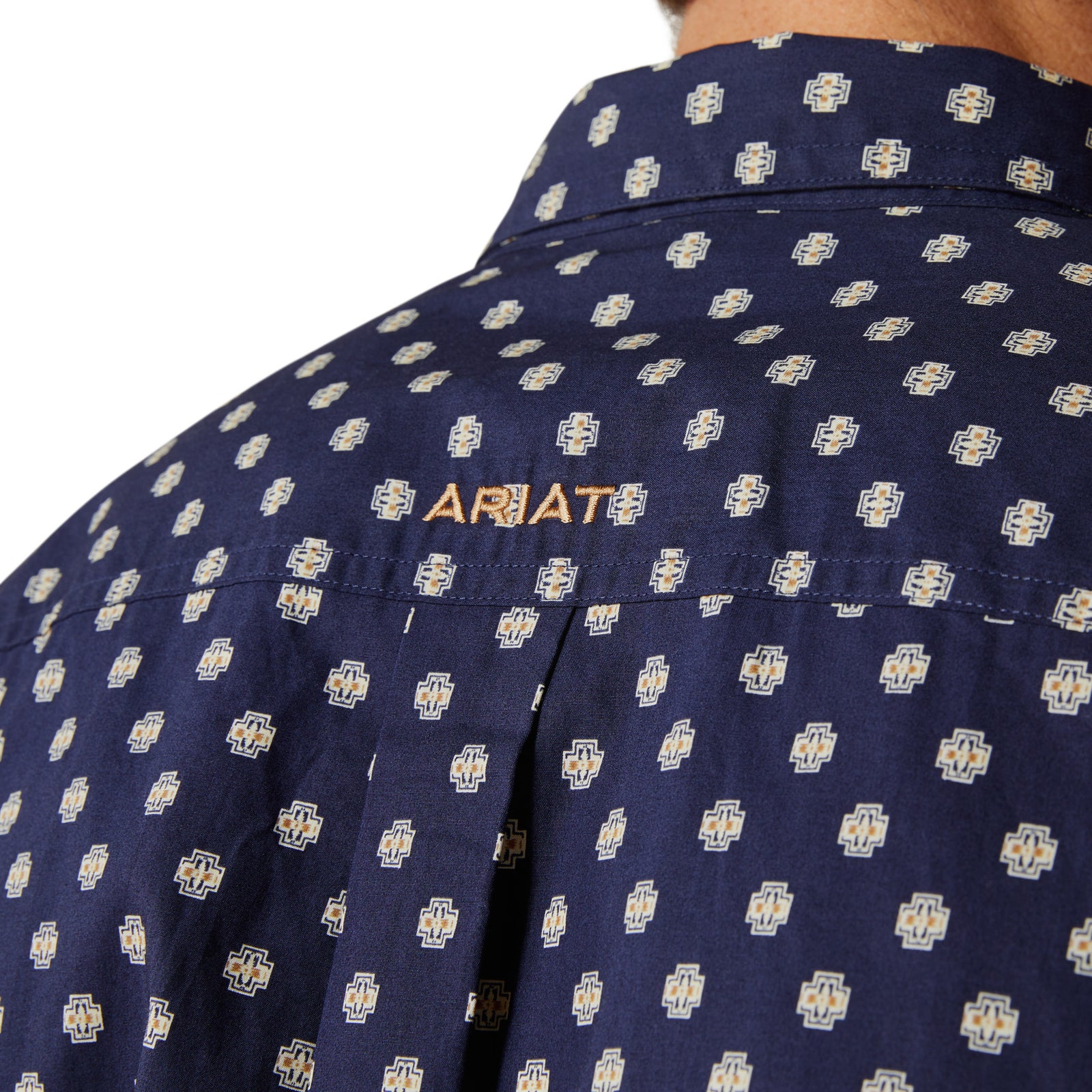 Navy blue shirt with a pattern and 'Armani' branding on a white background