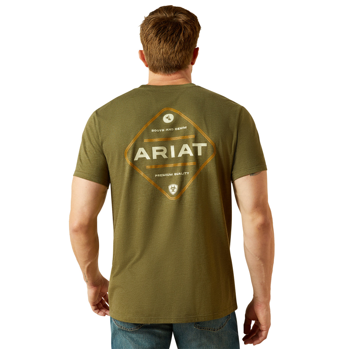 Ariat Men&#39;s Roped Diamond T-Shirt. Man wearing a green Ariat t-shirt on a white background