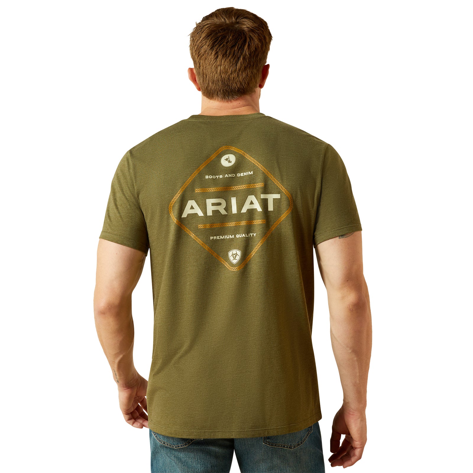 Ariat Men's Roped Diamond T-Shirt. Man wearing a green Ariat t-shirt on a white background