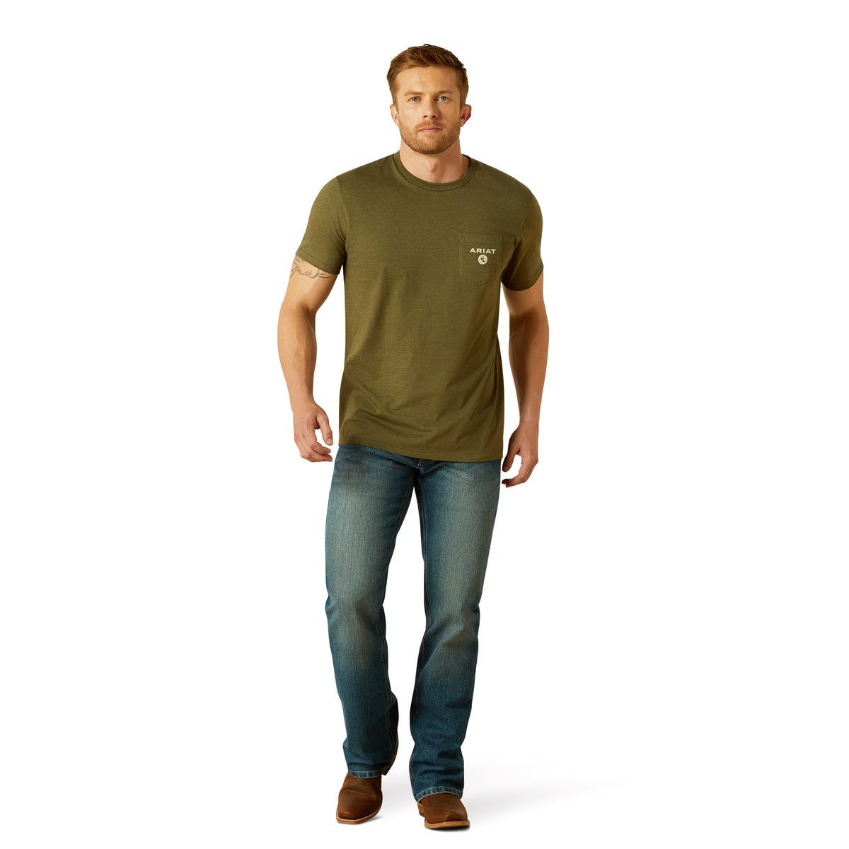 Ariat Men's Roped Diamond T-Shirt. Man wearing a green t-shirt and blue jeans on a white background