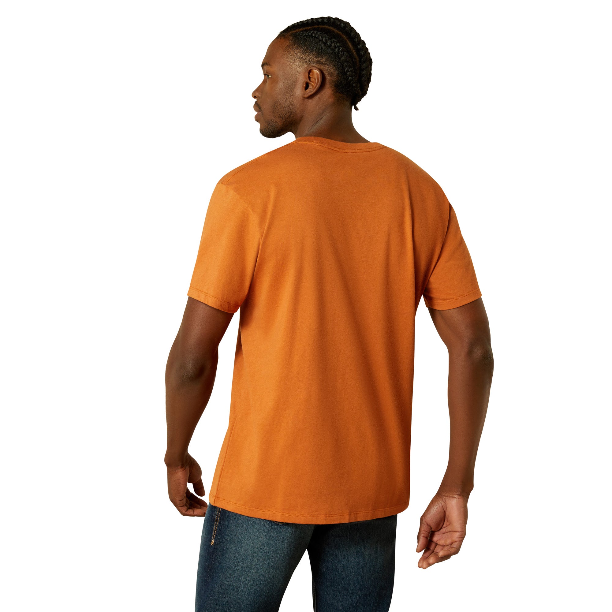 Ariat Men's Underlands Camo Badge T-Shirt. Man wearing an orange t-shirt on a white background