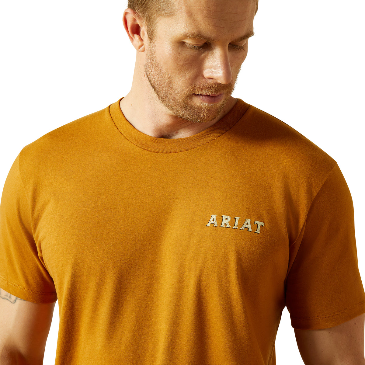 Ariat Men's Scorpion Seal T-Shirt. Man wearing a mustard yellow Ariat t-shirt on a white background