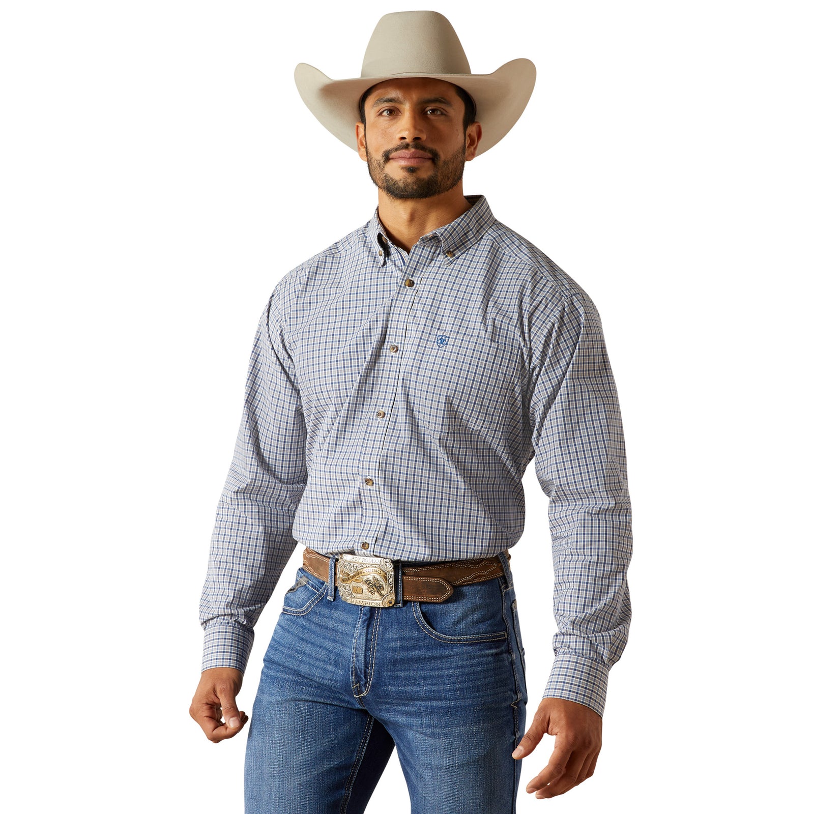 Man wearing a checkered shirt, jeans, and a cowboy hat on a white background