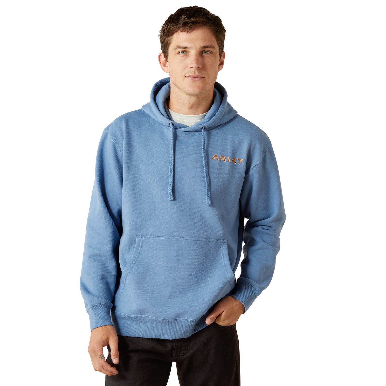 Man wearing a blue hoodie with a brand logo on a white background